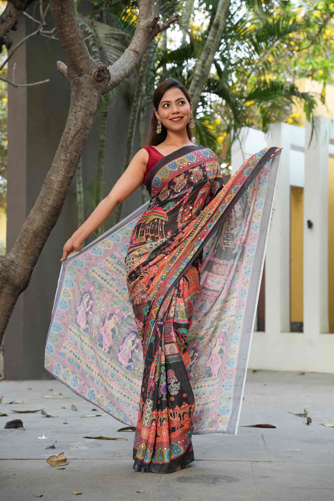 Traditional Heritage and Elephant Print masakali georgette all over  mirror work Ready to Wear Saree