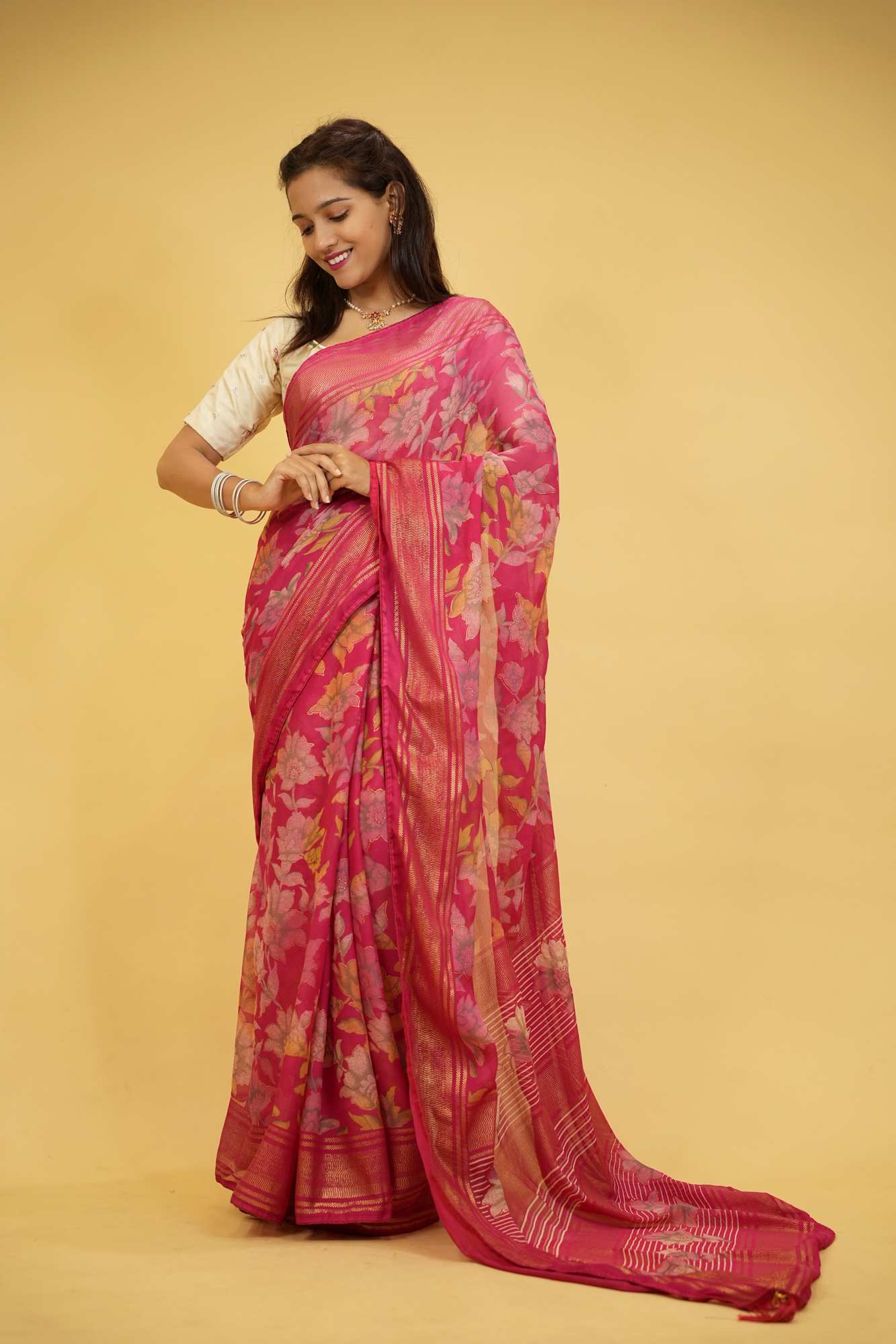 Pink Floral Print in Viscose Georgette Ready To Wear Saree
