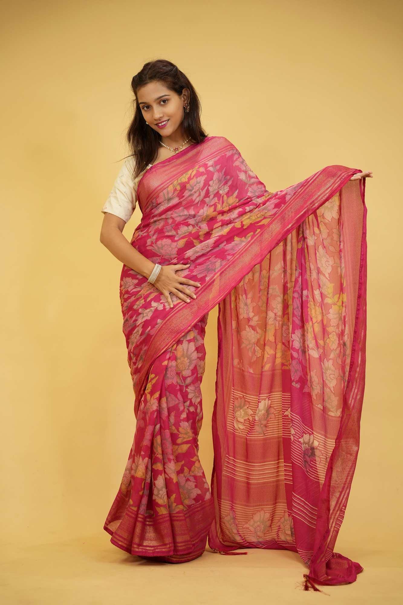 Pink Floral Print in Viscose Georgette Ready To Wear Saree