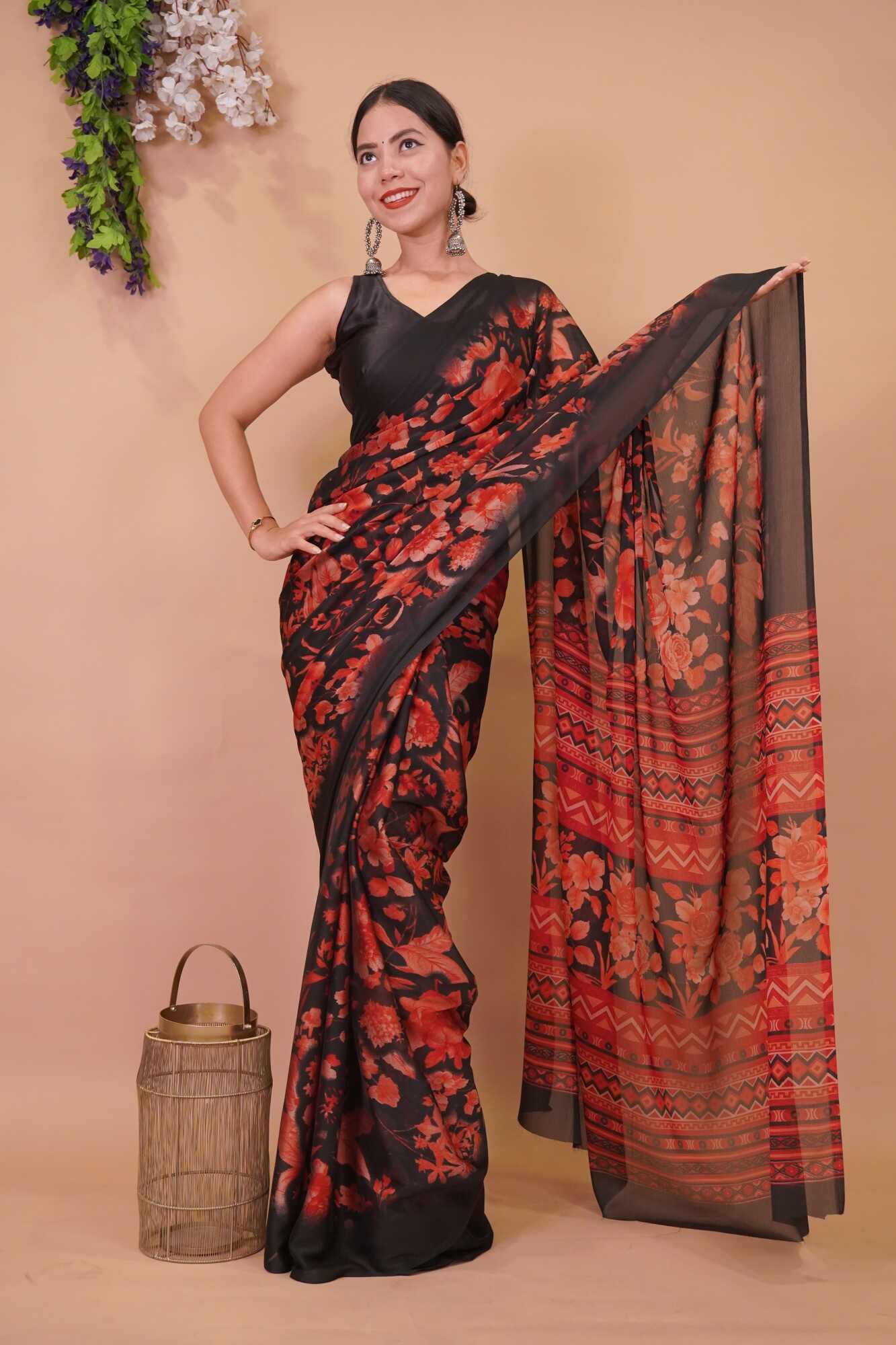 Beautiful Soft Chiffon With Red Floral Print Overall & Plain Black Border Wrap in 1 minute saree