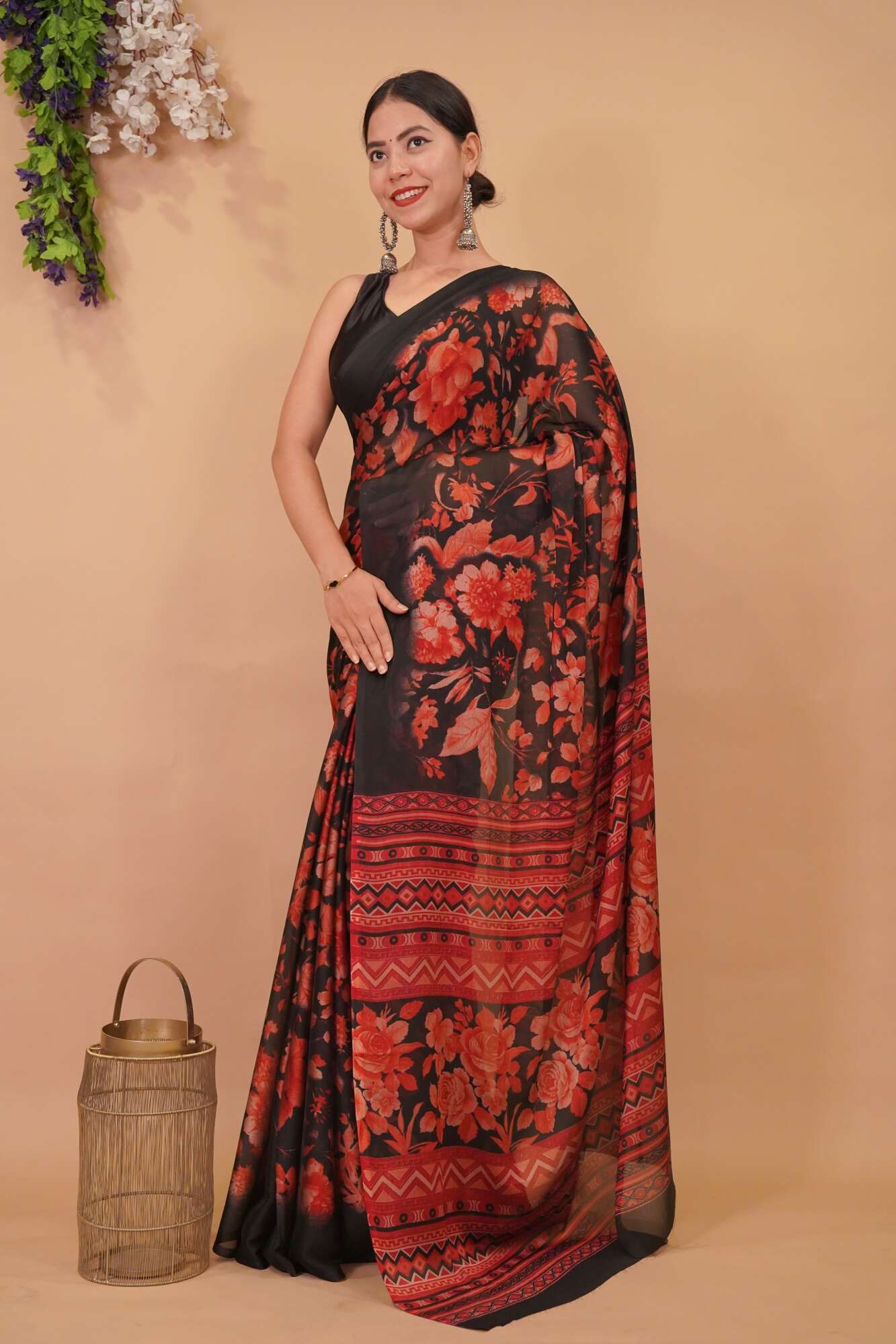 Beautiful Soft Chiffon With Red Floral Print Overall & Plain Black Border Wrap in 1 minute saree