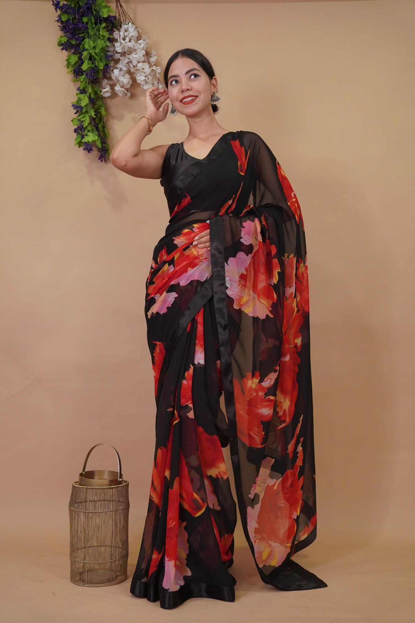 Beautiful  Black Light Weight Georgette  Saree With Floral Print  Wrap In 1 Minute Saree