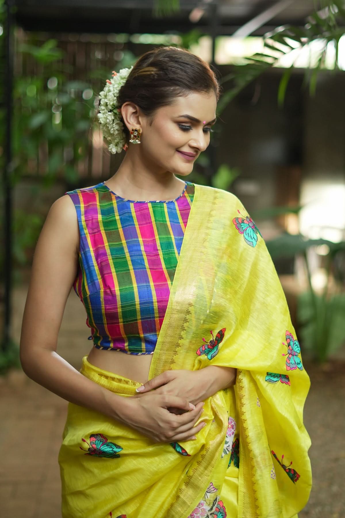 Pink Green blue Pure raw silk checkerd croptop | Shobitam