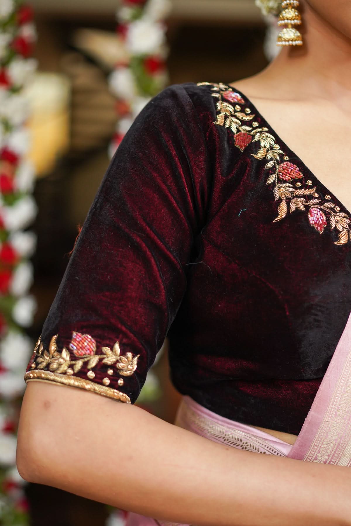 Maroon Velvet Blouse with Zardosi work Mix and Match Blouse for saree, Made to Order | Shobitam