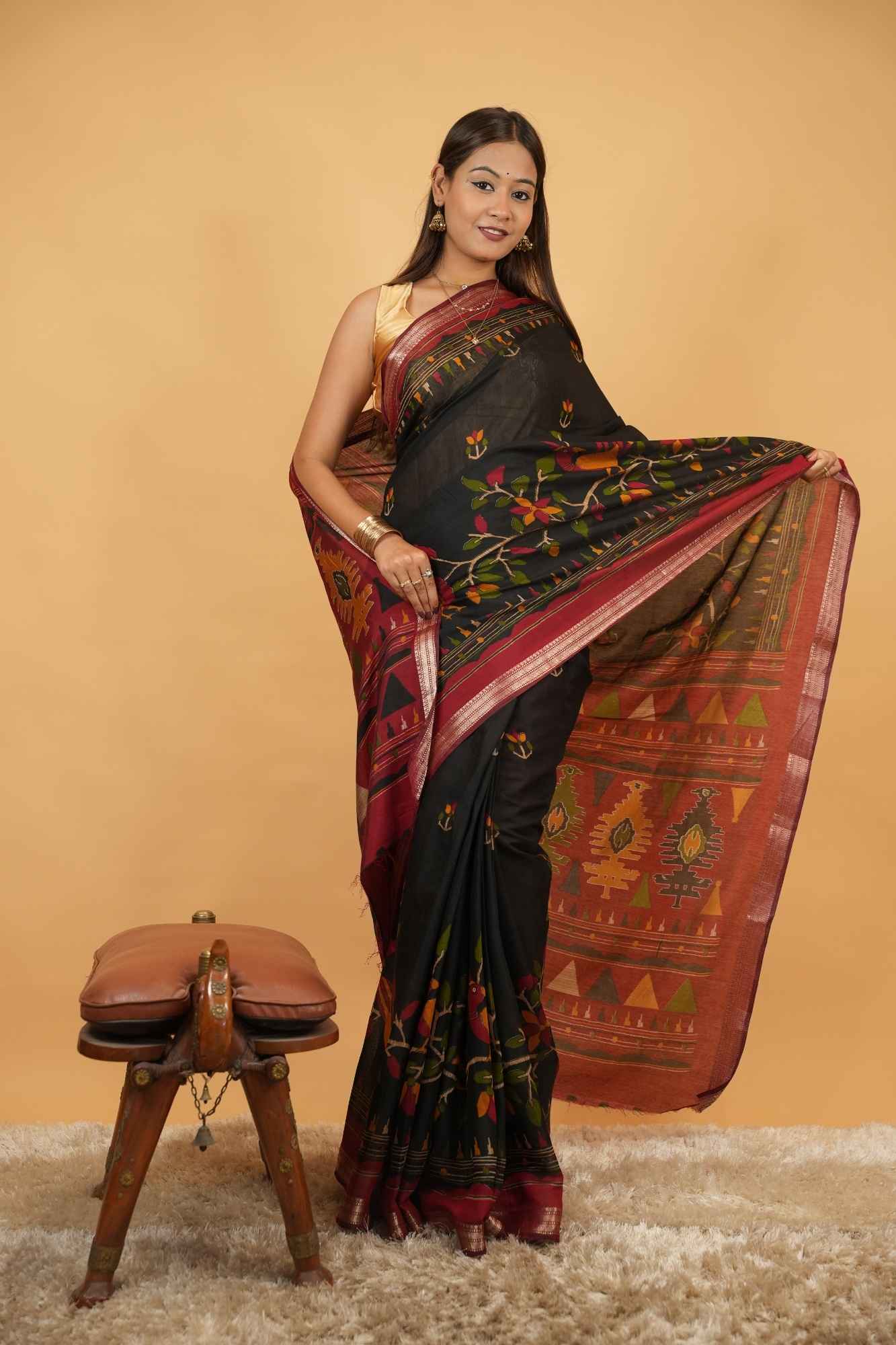 Soft cotton style  printed with zari pattu woven border. Ready To Wear Saree