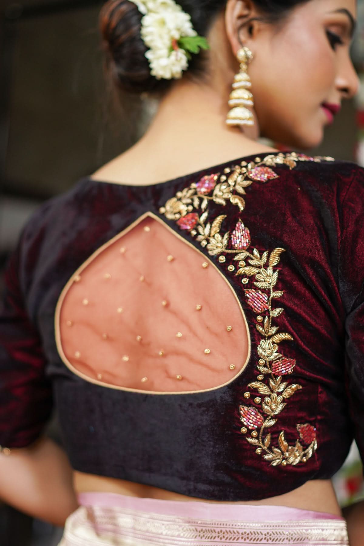 Maroon Velvet Blouse with Zardosi work Mix and Match Blouse for saree, Made to Order | Shobitam