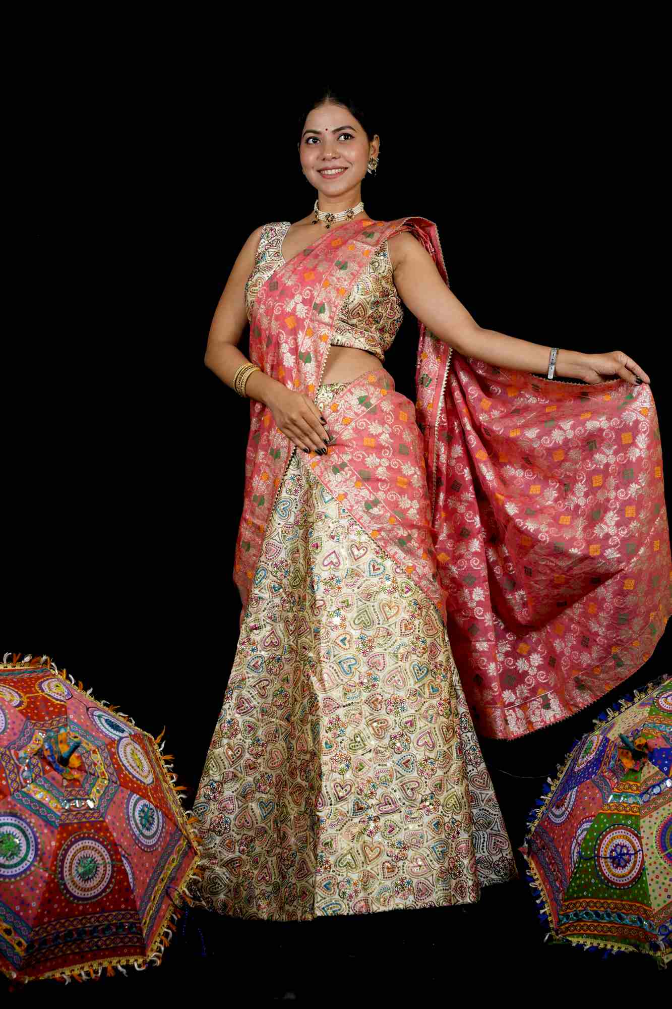 Handcrafted Heart Motif Lehenga with Banarasi Dupatta