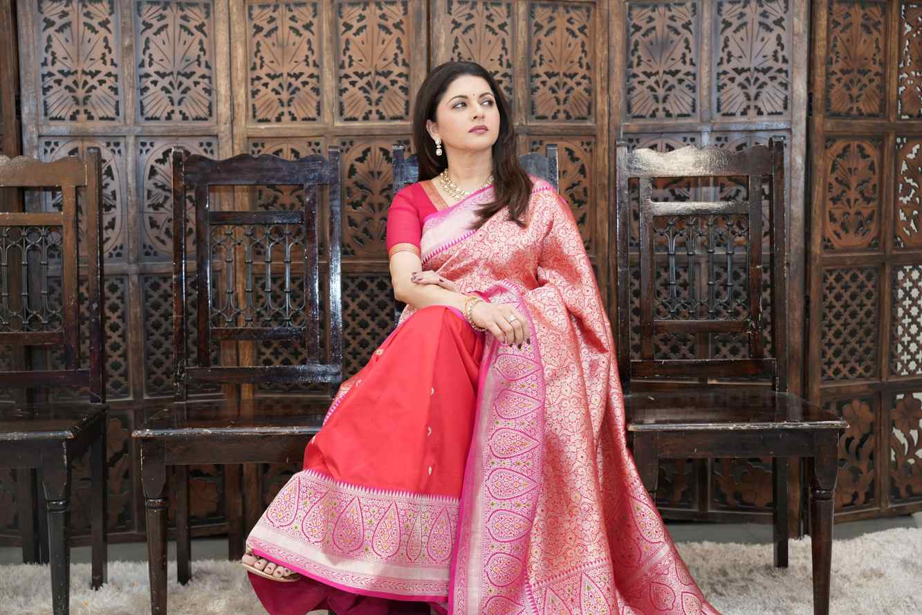 Pre Order Red Brocade Meenakari  Half and Half Banarasi Katan Silk Saree with Ornate Zari Borders | SILK MARK CERTIFIED Ready To Wear Saree