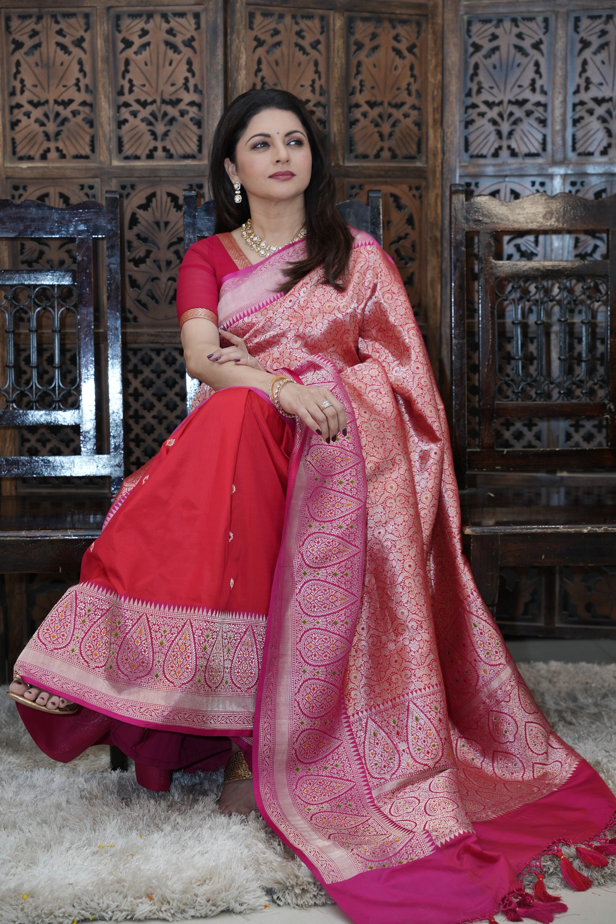 Pre Order Red Brocade Meenakari  Half and Half Banarasi Katan Silk Saree with Ornate Zari Borders | SILK MARK CERTIFIED Ready To Wear Saree