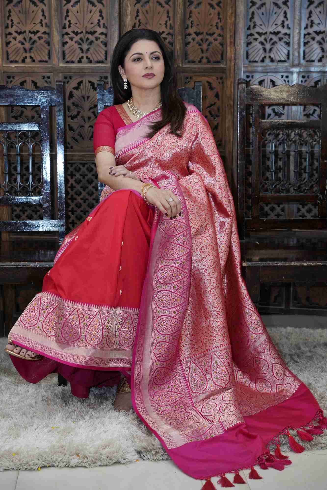 Pre Order Red Brocade Meenakari  Half and Half Banarasi Katan Silk Saree with Ornate Zari Borders | SILK MARK CERTIFIED Ready To Wear Saree