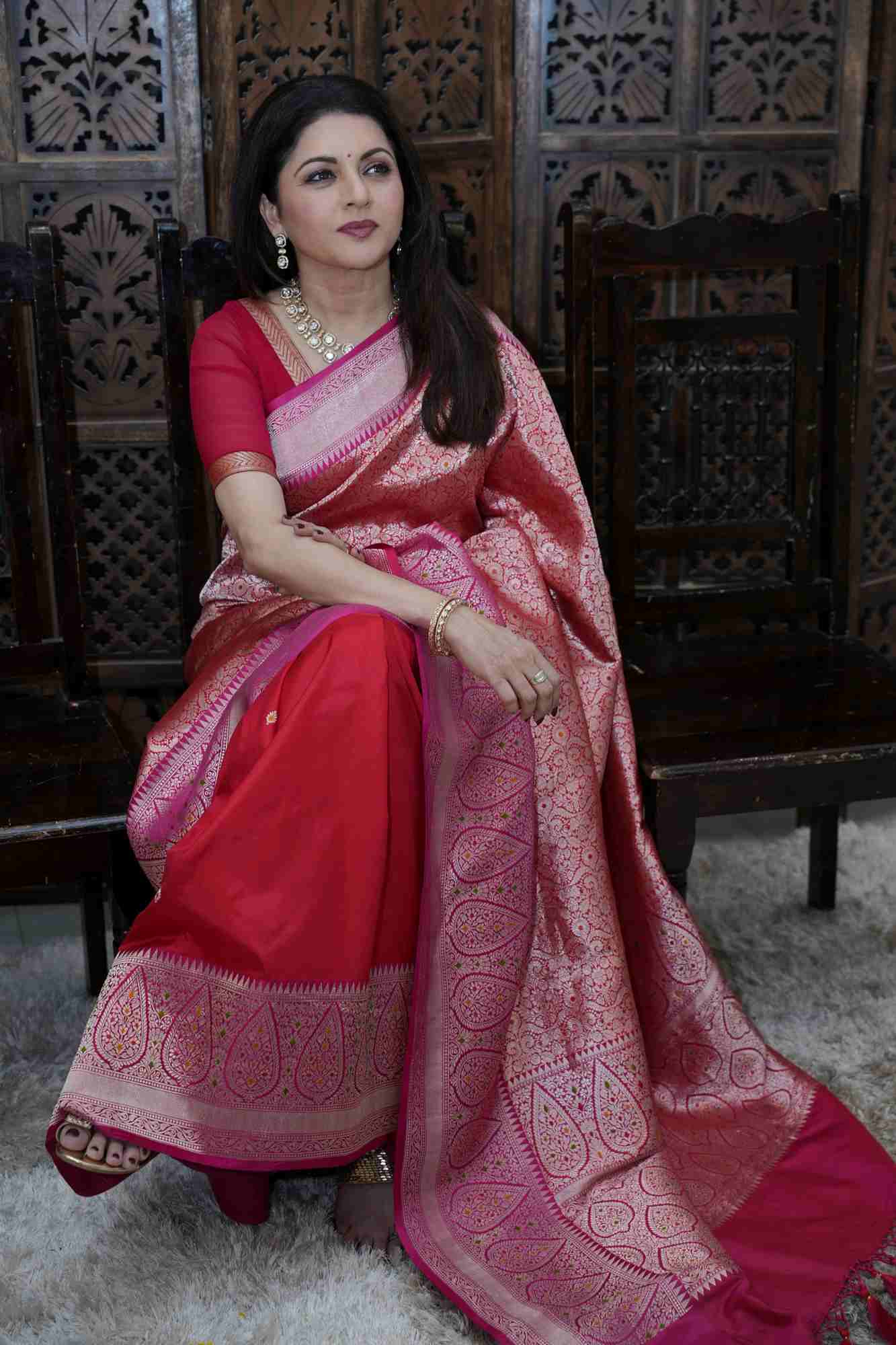 Pre Order Red Brocade Meenakari  Half and Half Banarasi Katan Silk Saree with Ornate Zari Borders | SILK MARK CERTIFIED Ready To Wear Saree