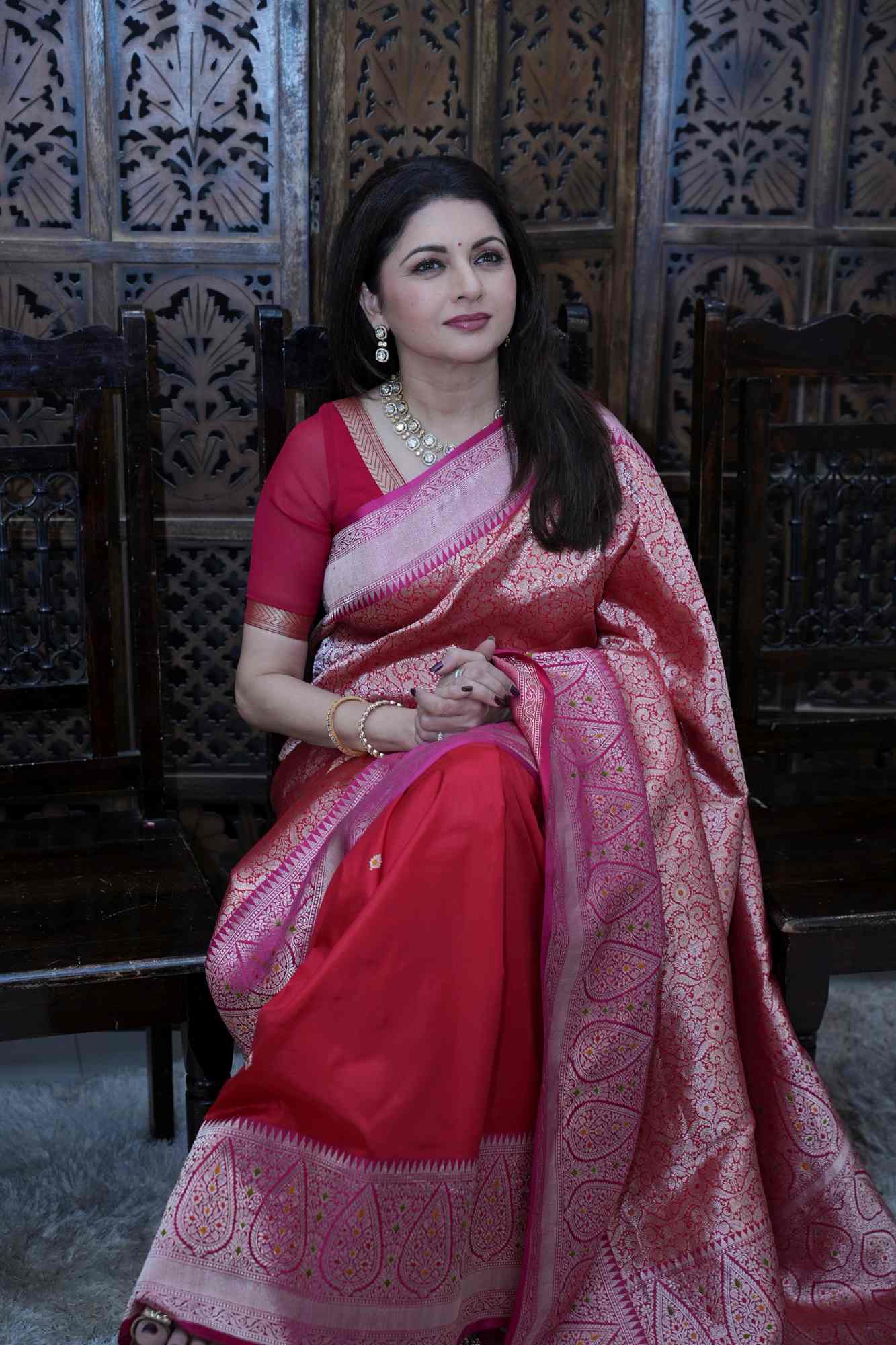 Pre Order Red Brocade Meenakari  Half and Half Banarasi Katan Silk Saree with Ornate Zari Borders | SILK MARK CERTIFIED Ready To Wear Saree