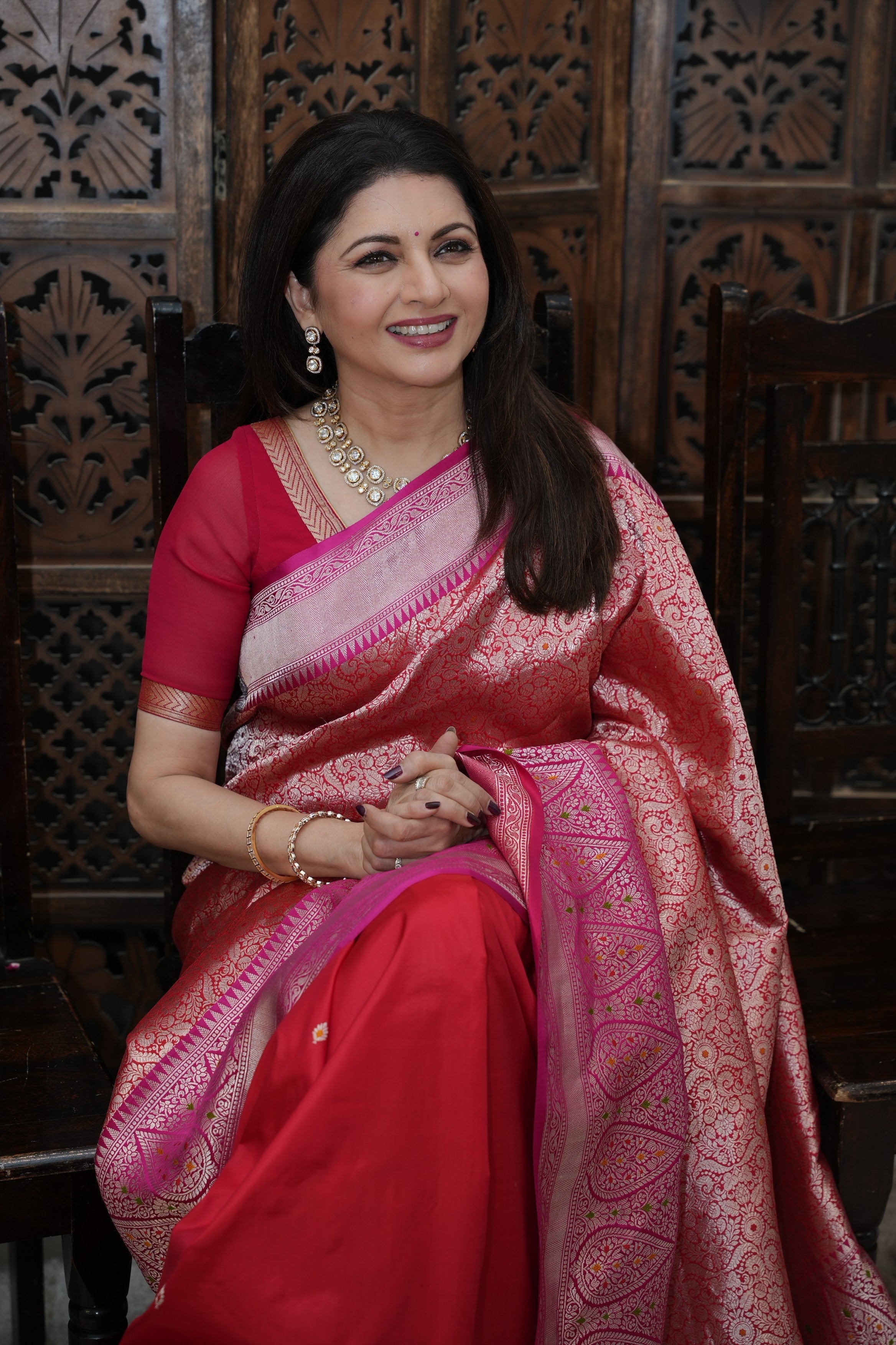 Red Meenakari Brocade Half and Half Banarasi Katan Silk Saree with Ornate Zari Borders | SILK MARK CERTIFIED | SHOBITAM