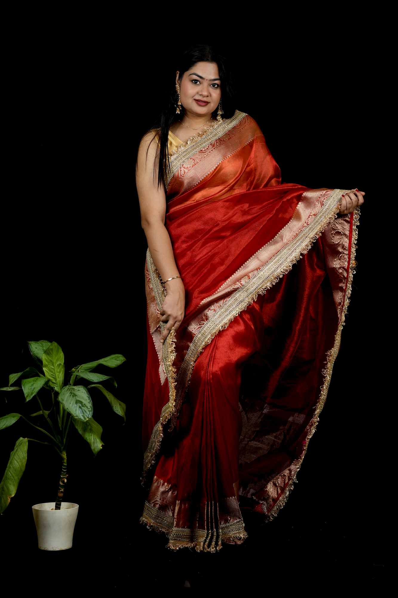 Banarasi-Inspired Tissue Silk with Zari-Embroidered Border Ready To Wear Saree