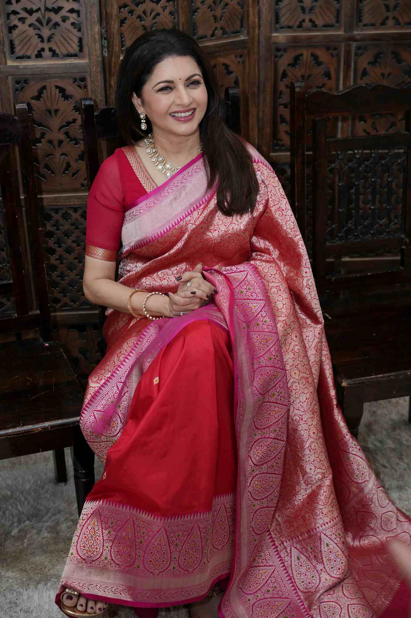 Pre Order Red Brocade Meenakari  Half and Half Banarasi Katan Silk Saree with Ornate Zari Borders | SILK MARK CERTIFIED Ready To Wear Saree