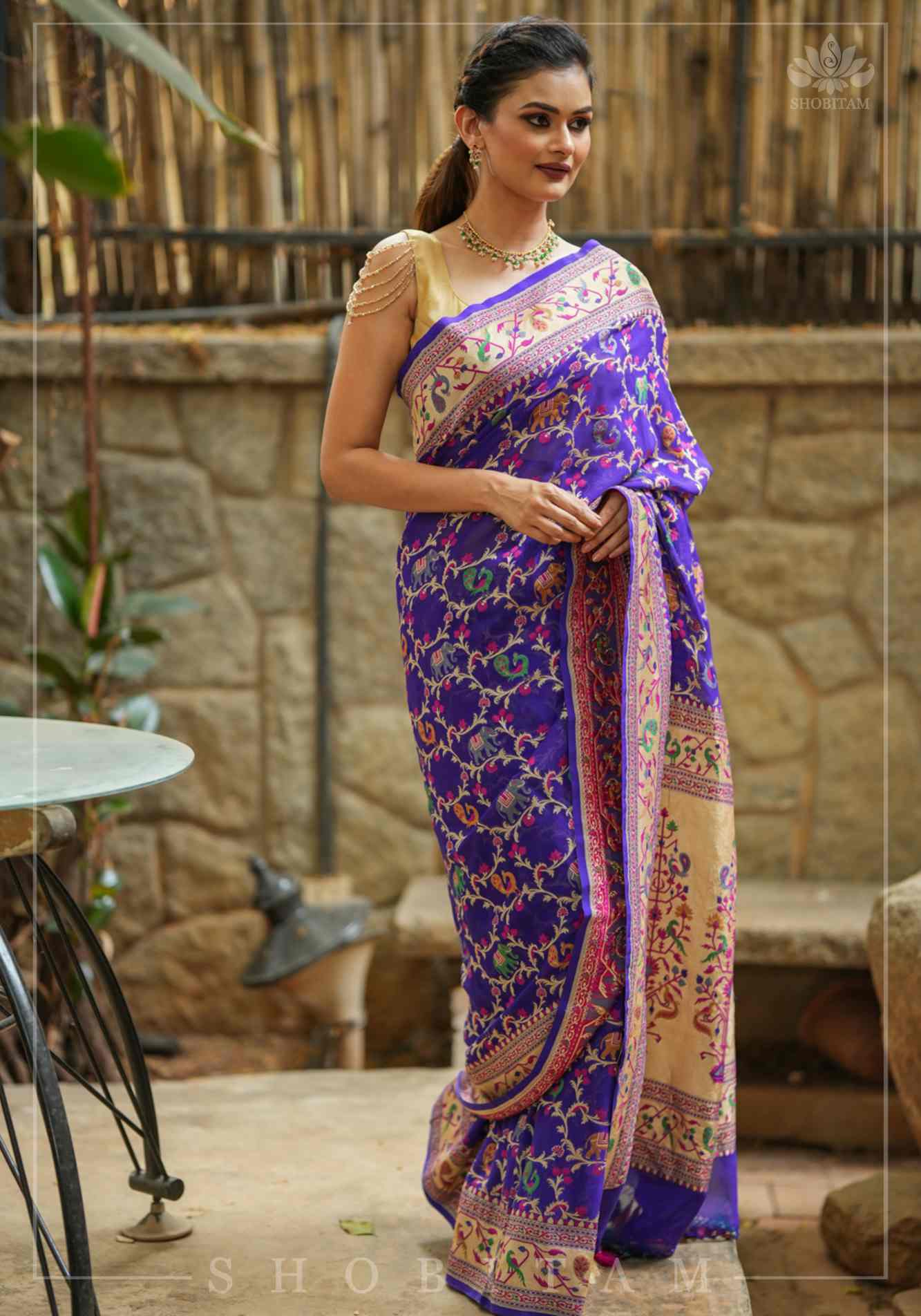 Pre Drape Purple Georgette Ready To Wear Banarasi Silk Saree with Meenakari Shikkaargah Jaal  | Silk Mark Certified | Shobitam Saree