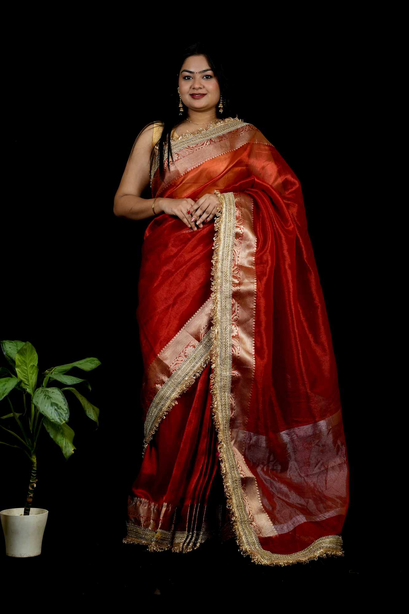 Banarasi-Inspired Tissue Silk with Zari-Embroidered Border Ready To Wear Saree