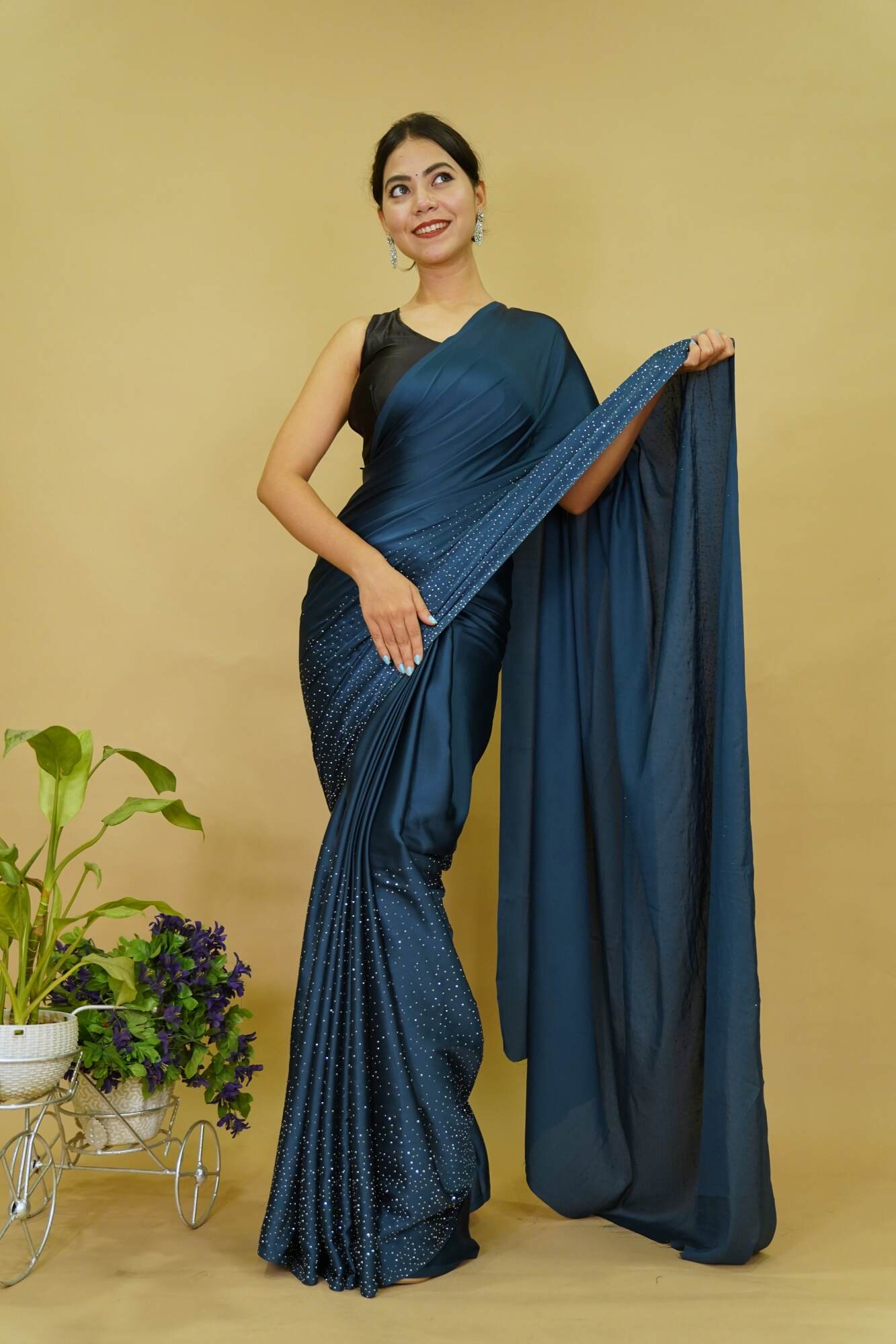 Ready to wear Soft Satin With  Stone Embellished  Overall Wrap In One Minute Saree