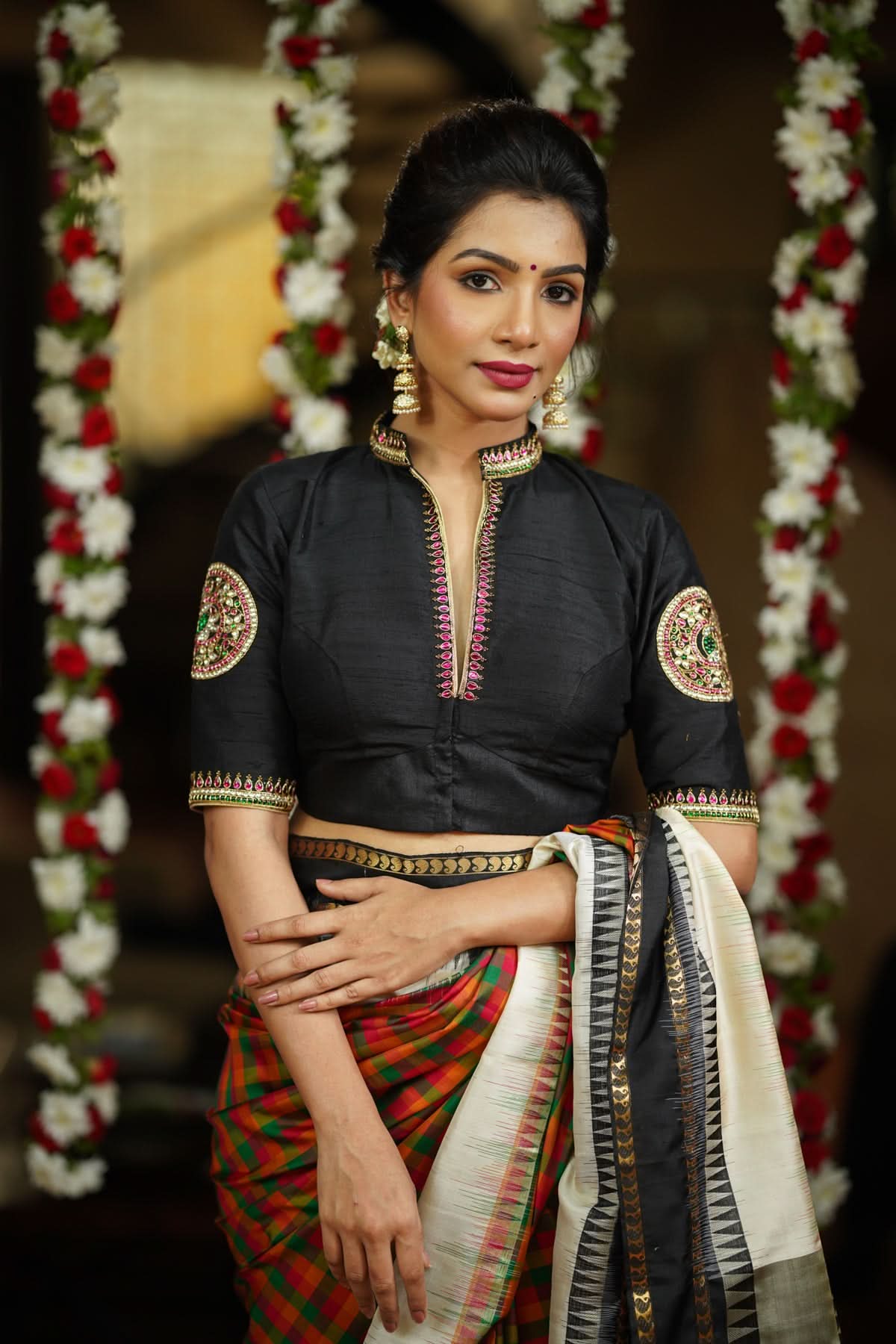 Black Raw Silk Blouse with Collar neck with Jadau Mandala Design, Made to Order | Shobitam