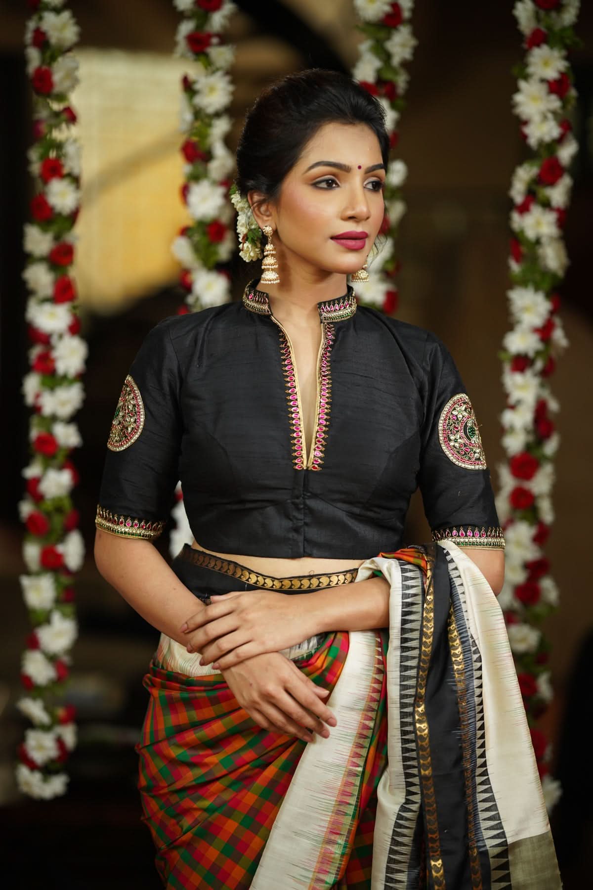 Black Raw Silk Blouse with Collar neck with Jadau Mandala Design, Made to Order | Shobitam
