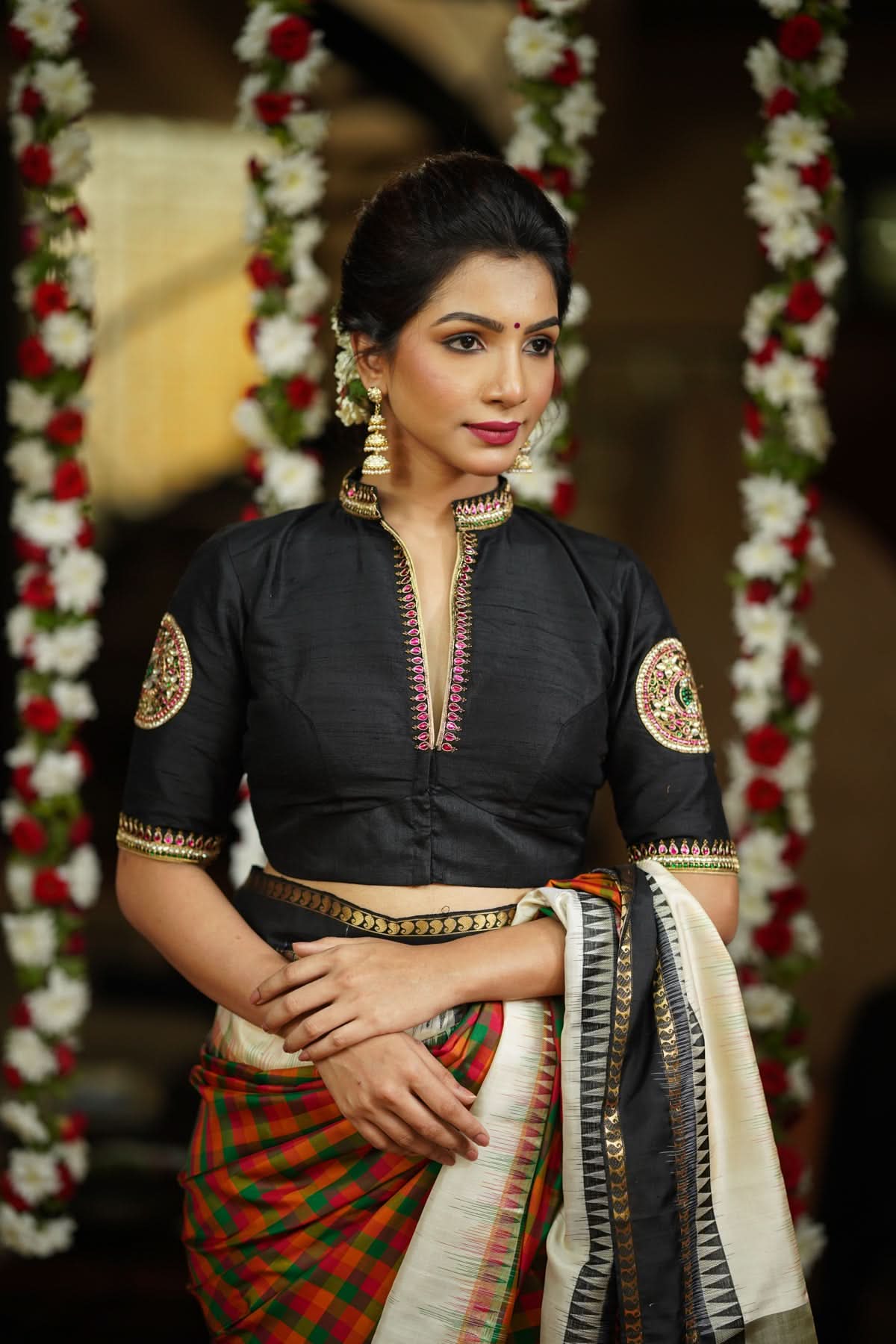 Black Raw Silk Blouse with Collar neck with Jadau Mandala Design, Made to Order | Shobitam