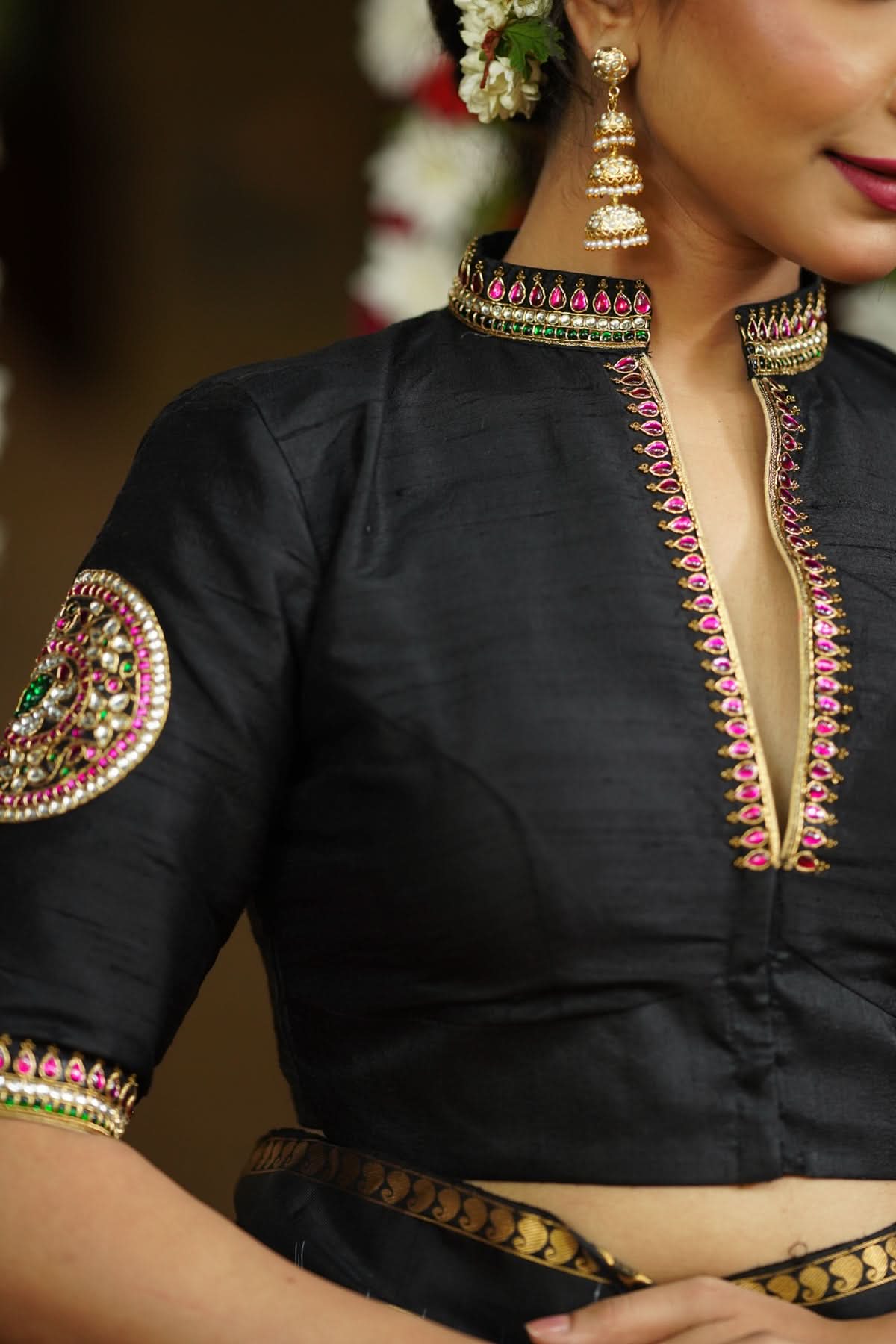 Black Raw Silk Blouse with Collar neck with Jadau Mandala Design, Made to Order | Shobitam