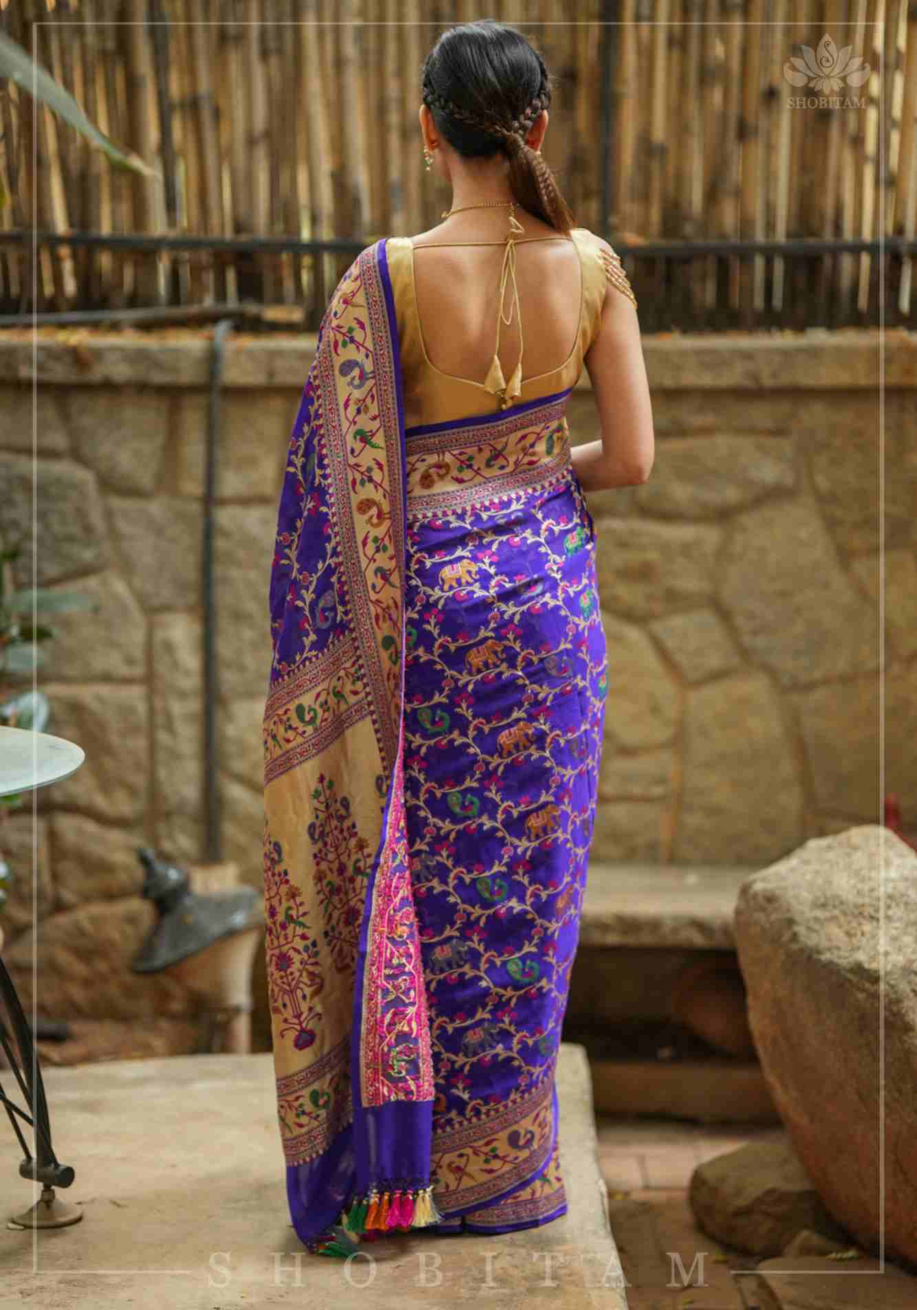 Pre Drape Purple Georgette Ready To Wear Banarasi Silk Saree with Meenakari Shikkaargah Jaal  | Silk Mark Certified | Shobitam Saree