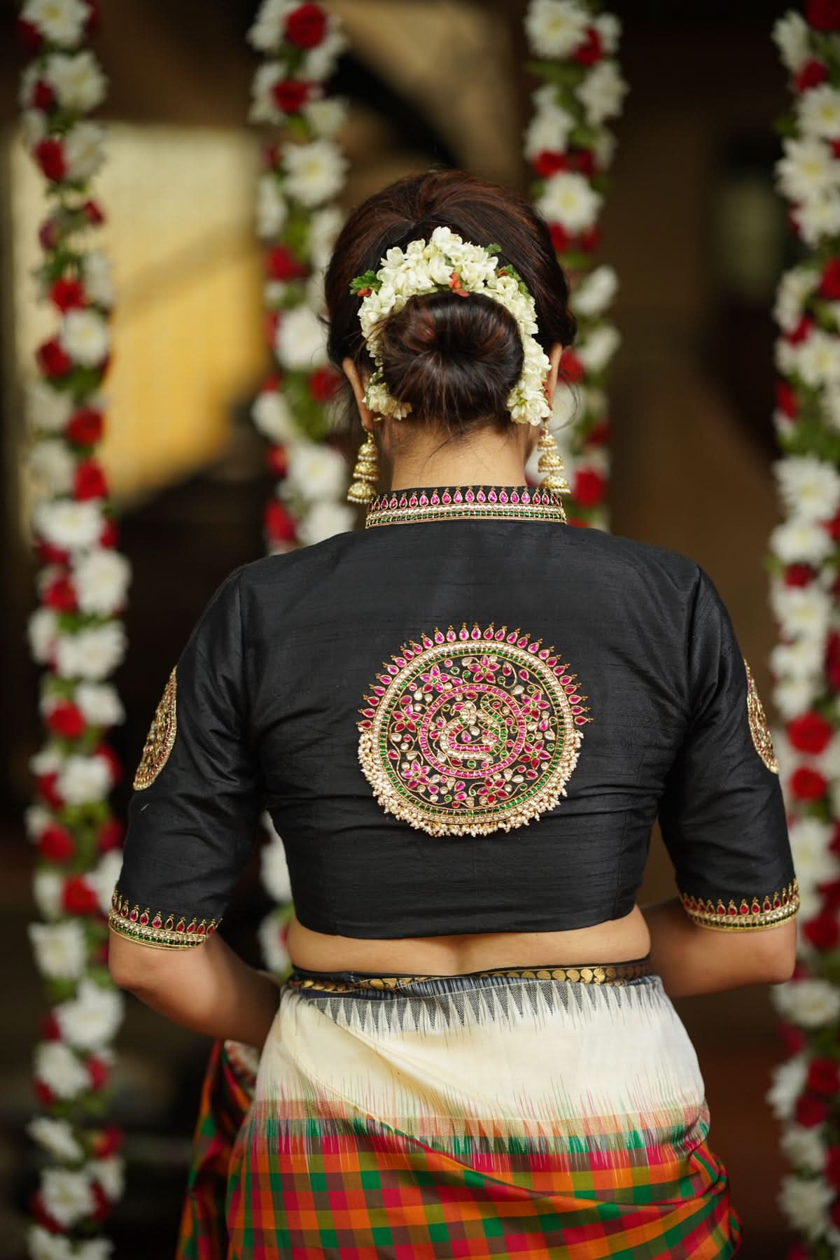 Black Raw Silk Blouse with Collar neck with Jadau Mandala Design, Made to Order | Shobitam
