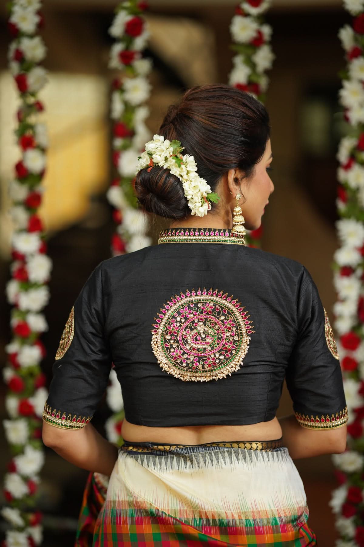 Black Raw Silk Blouse with Collar neck with Jadau Mandala Design, Made to Order | Shobitam