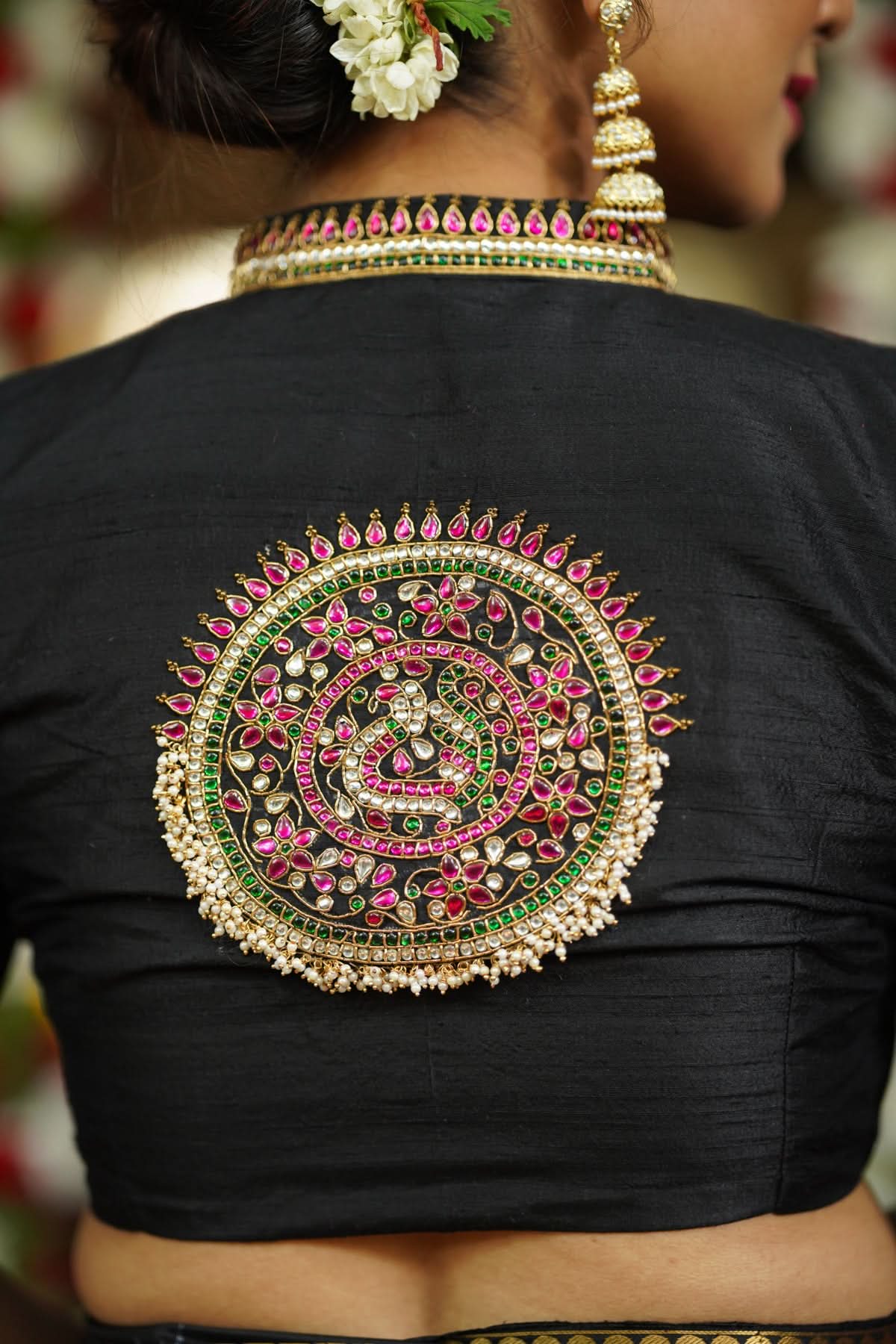 Black Raw Silk Blouse with Collar neck with Jadau Mandala Design, Made to Order | Shobitam