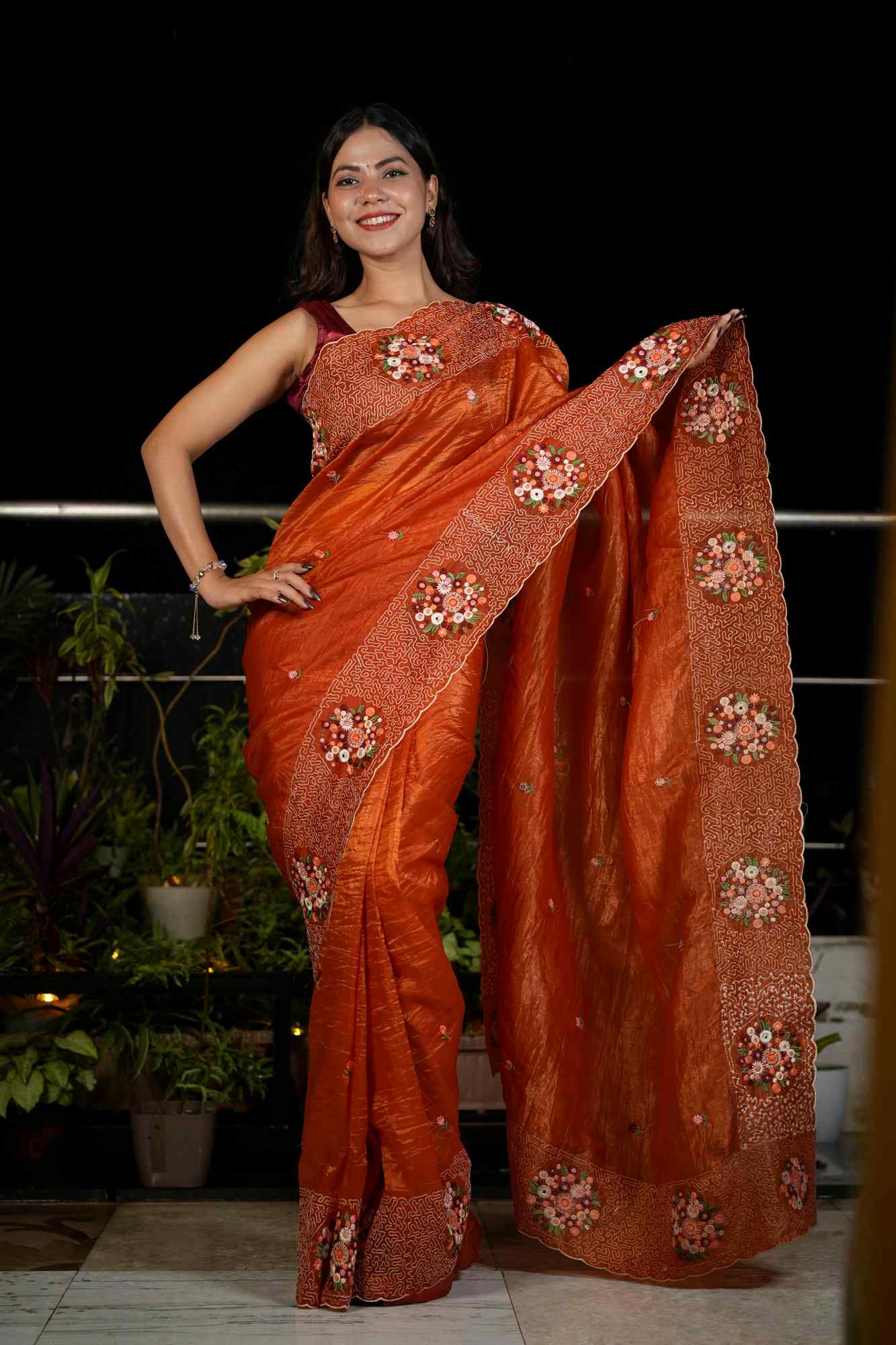 Soft Paper Crush Silk with Embroidered C-Pallu Ready To Wear Saree