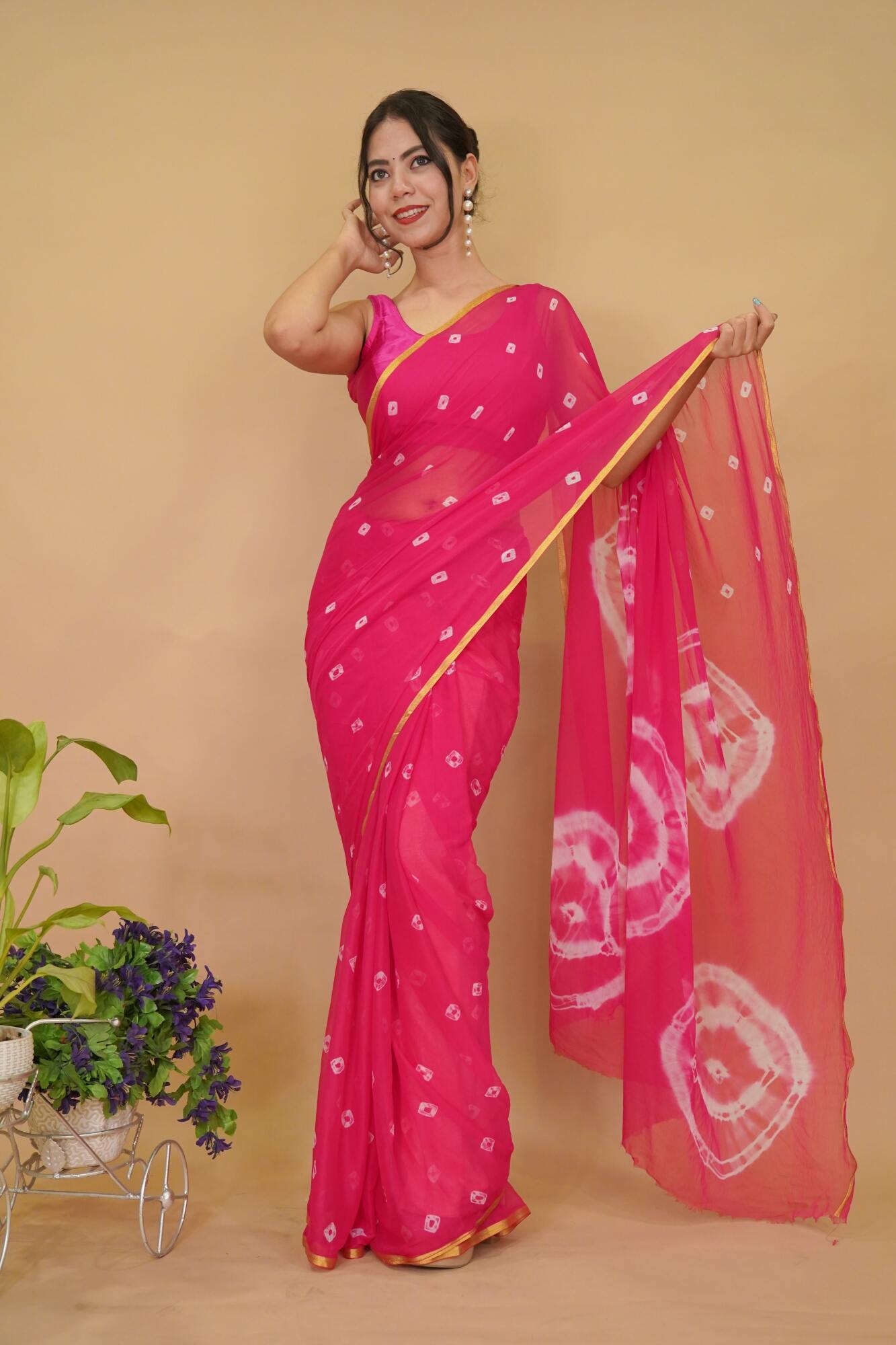 Beautiful Pink Sheer Bandhej Print Over all  With Zari Border Wrap In One Minute Saree