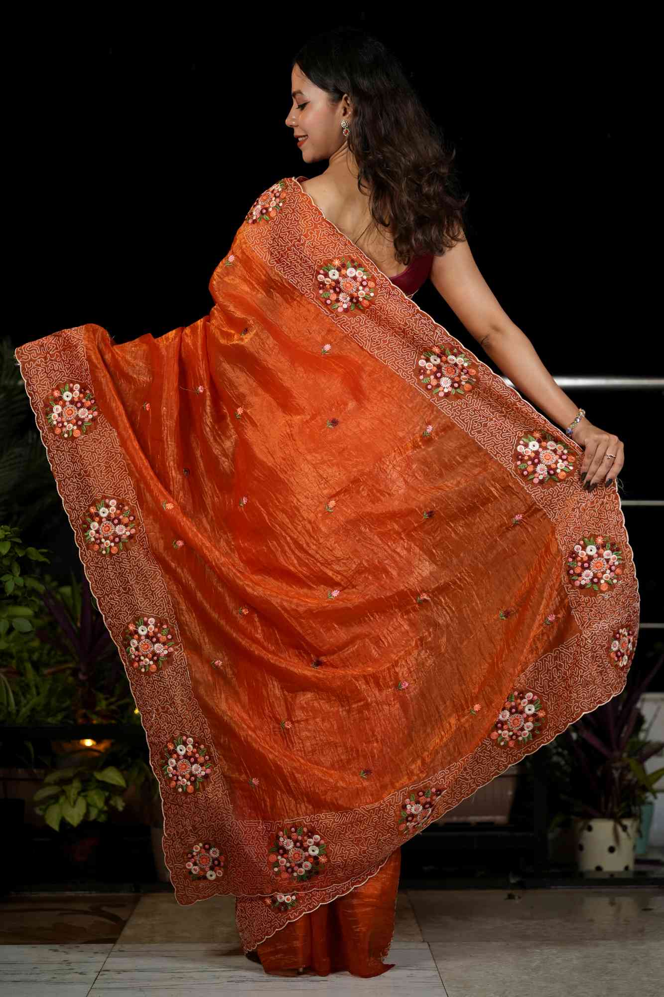 Soft Paper Crush Silk with Embroidered C-Pallu Ready To Wear Saree