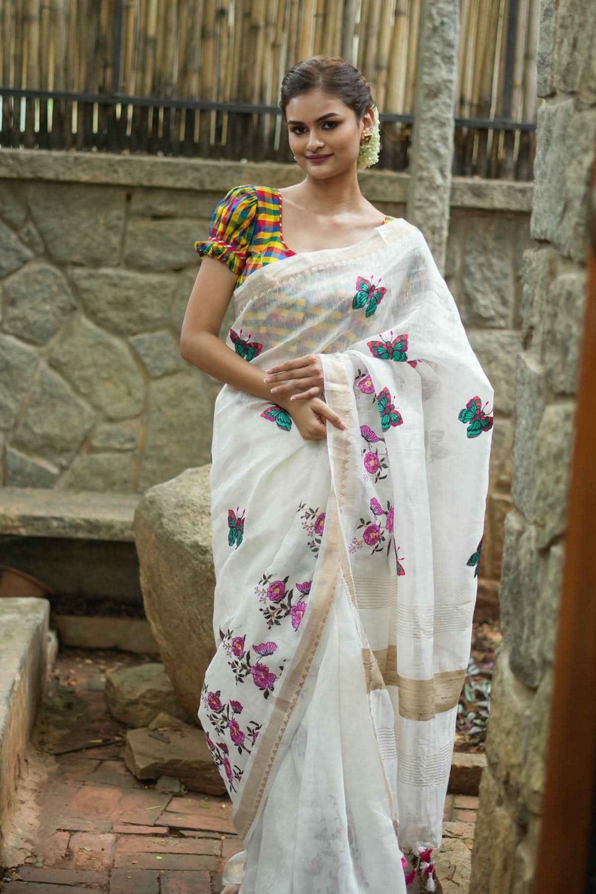 Blooms of Joy - Floral Embroidered Silk Linen Saree in Off White | Shobitam