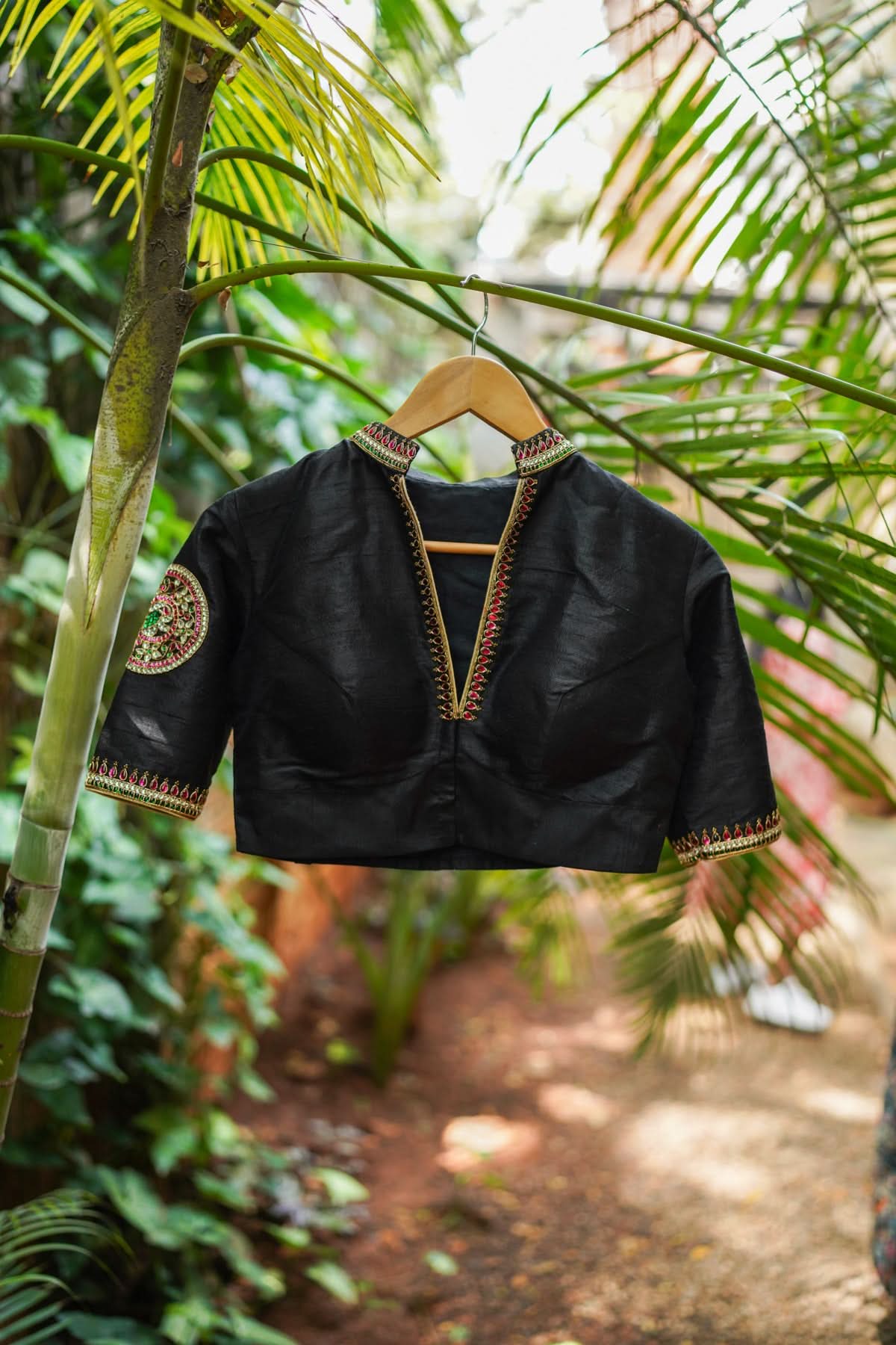 Black Raw Silk Blouse with Collar neck with Jadau Mandala Design, Made to Order | Shobitam