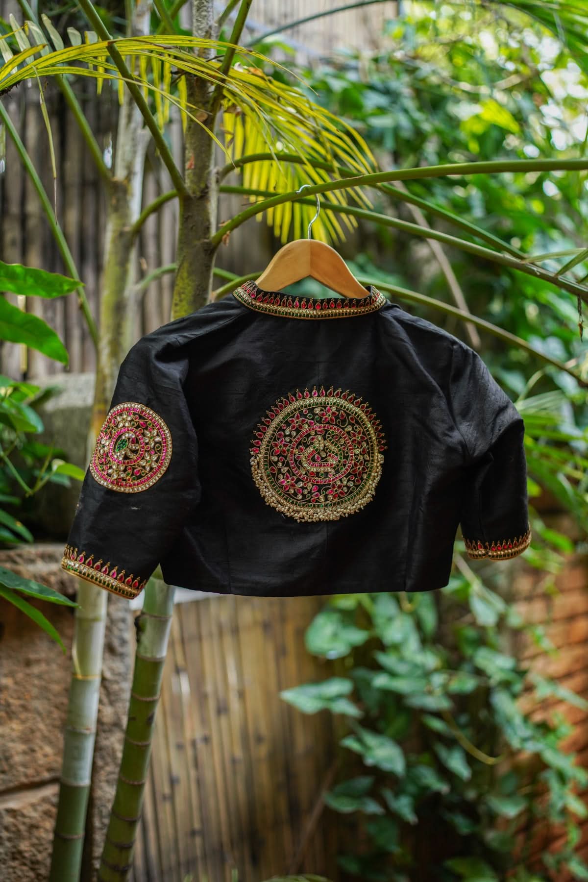 Black Raw Silk Blouse with Collar neck with Jadau Mandala Design, Made to Order | Shobitam
