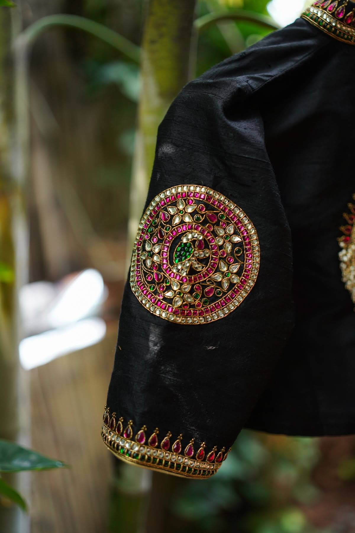 Black Raw Silk Blouse with Collar neck with Jadau Mandala Design, Made to Order | Shobitam