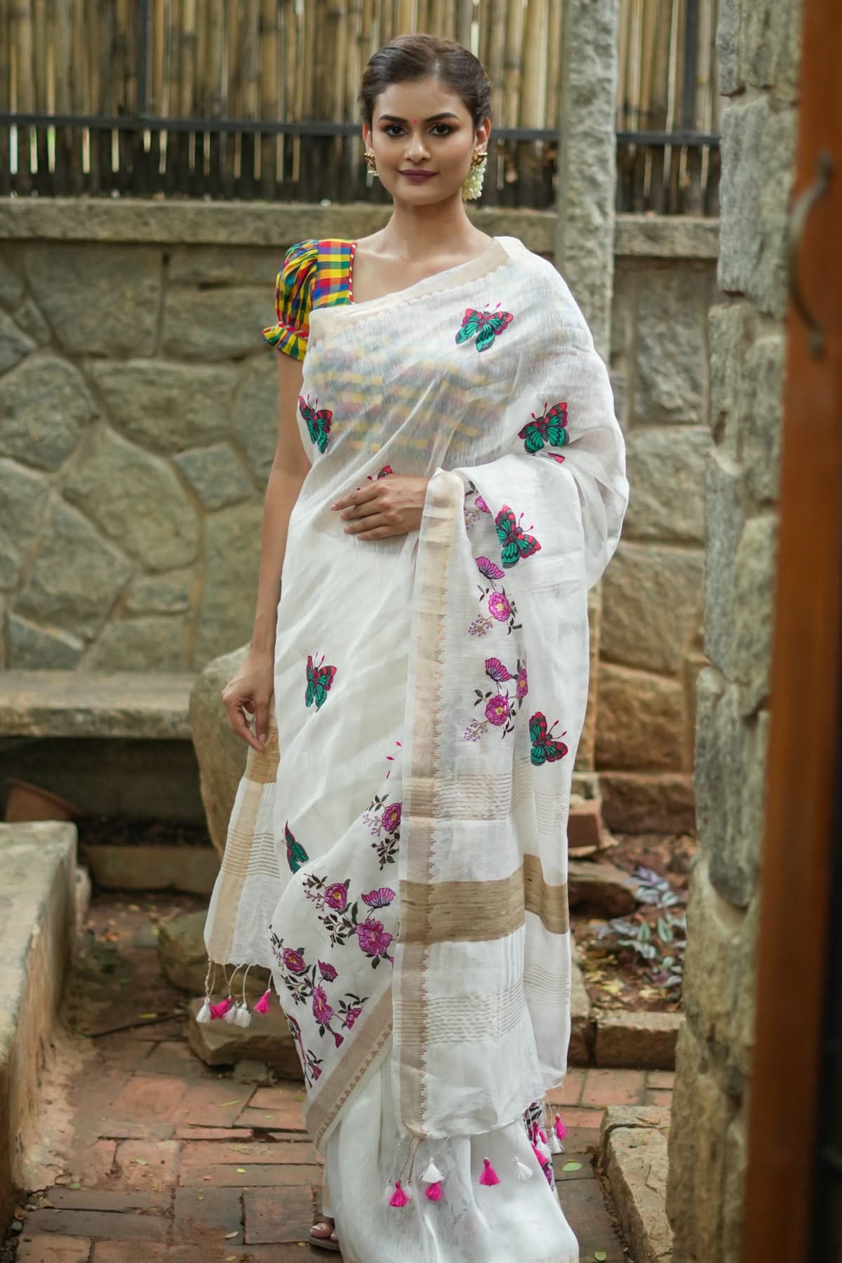 Blooms of Joy - Floral Embroidered Silk Linen Saree in Off White | Shobitam