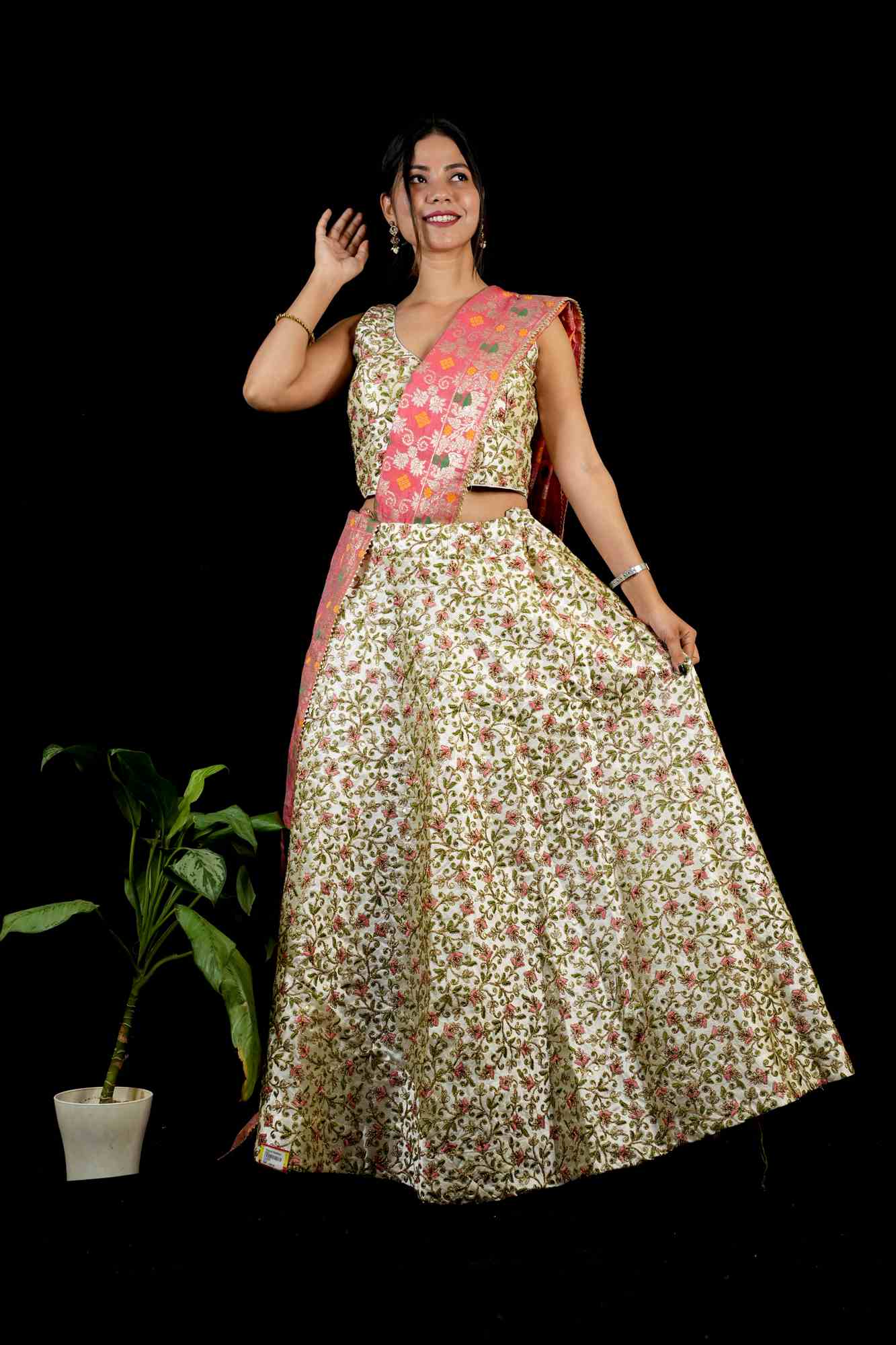 Blossom Zari Embroidered Lehenga with Contrasting Pink Banarasi Dupatta