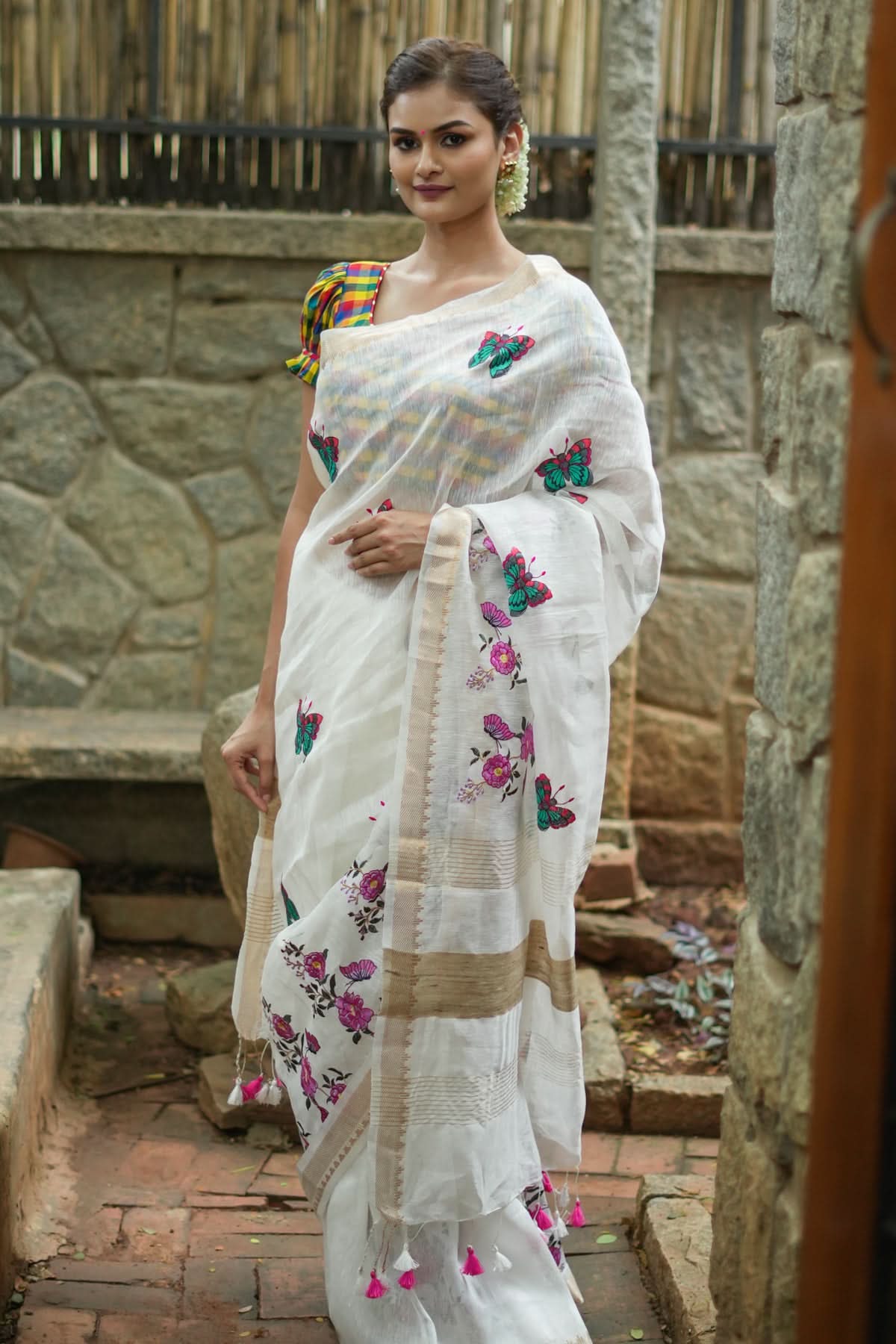 Blooms of Joy - Floral Embroidered Silk Linen Saree in Off White | Shobitam