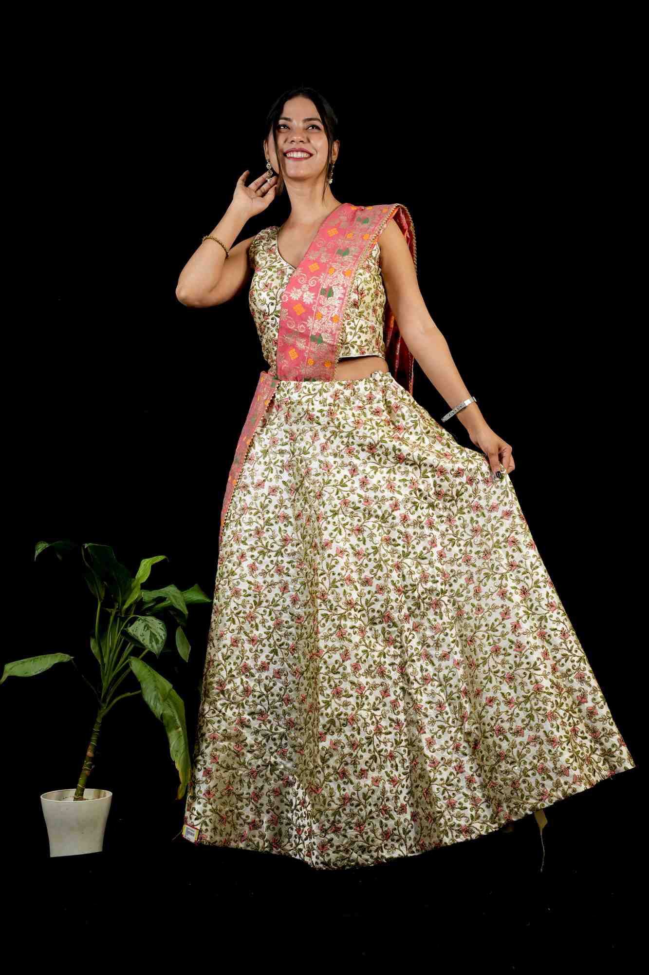 Blossom Zari Embroidered Lehenga with Contrasting Pink Banarasi Dupatta