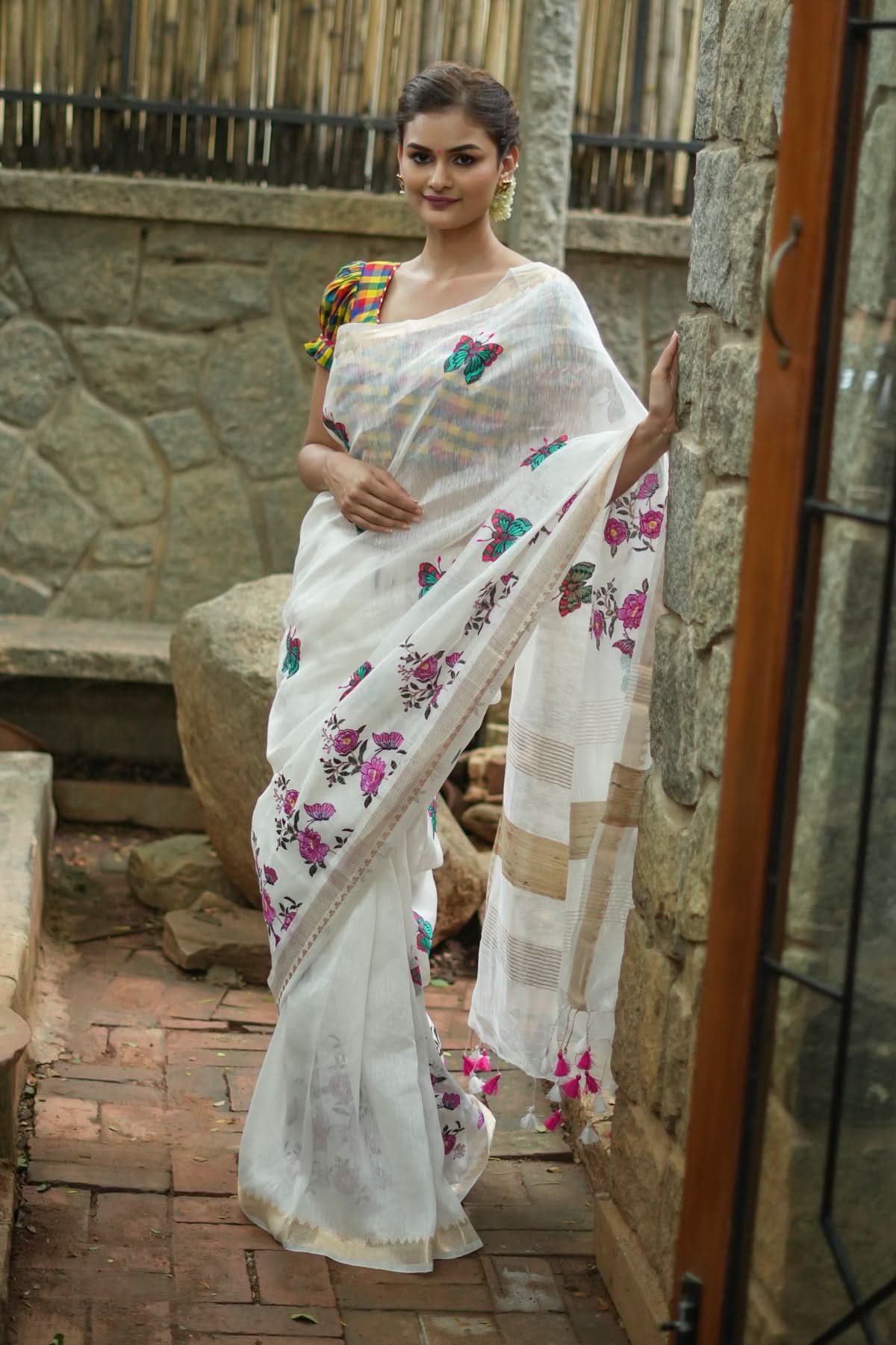 Blooms of Joy - Floral Embroidered Silk Linen Saree in Off White | Shobitam