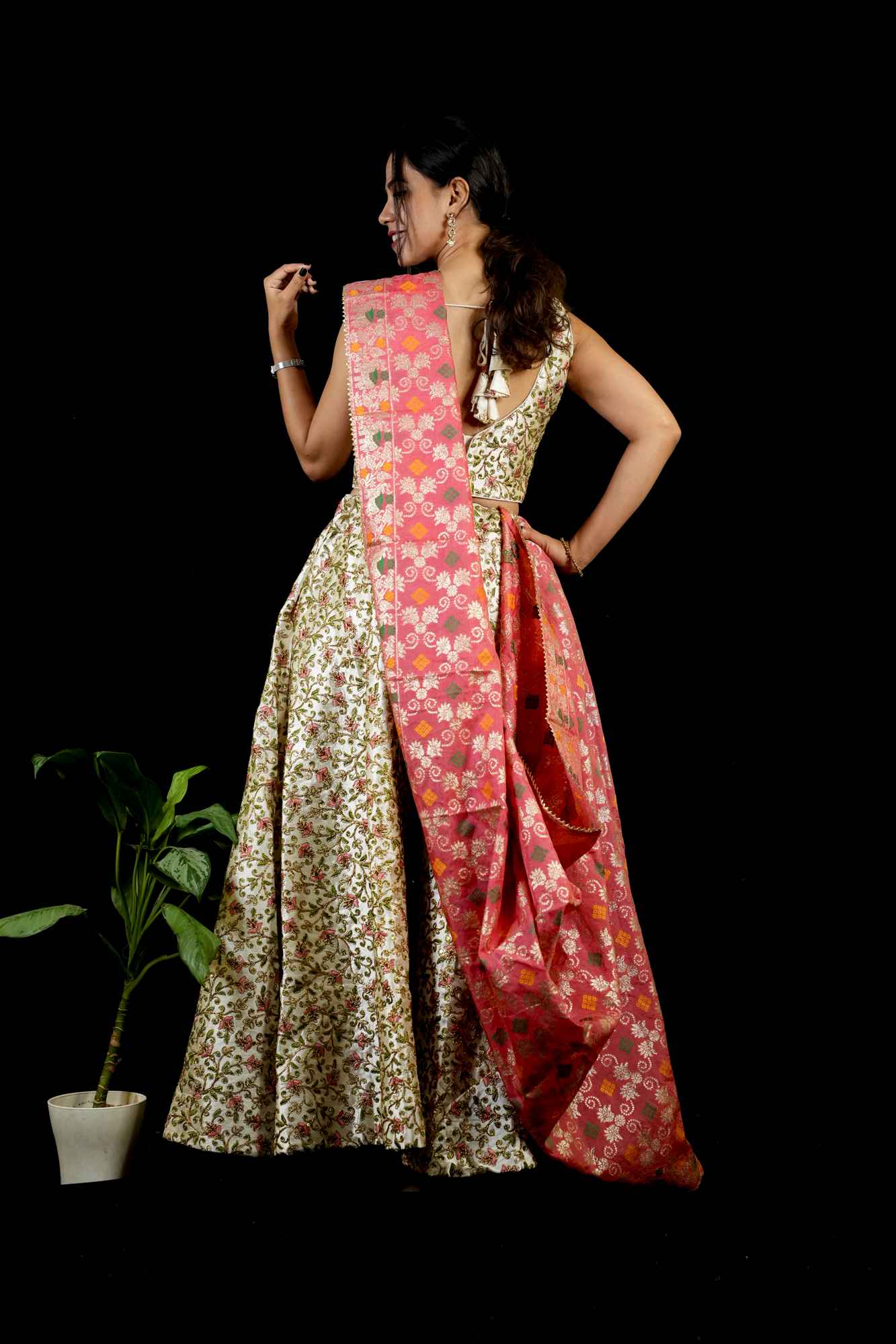 Blossom Zari Embroidered Lehenga with Contrasting Pink Banarasi Dupatta