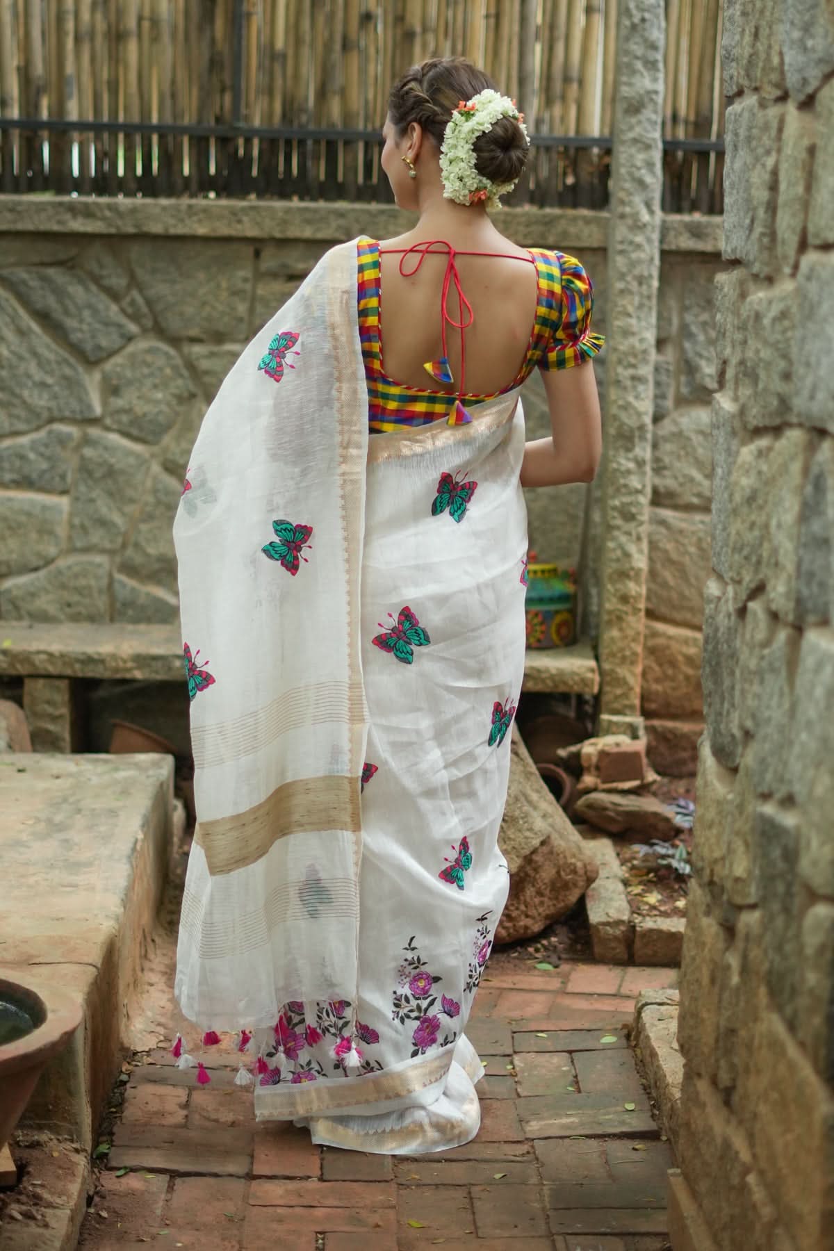Blooms of Joy - Floral Embroidered Silk Linen Saree in Off White | Shobitam