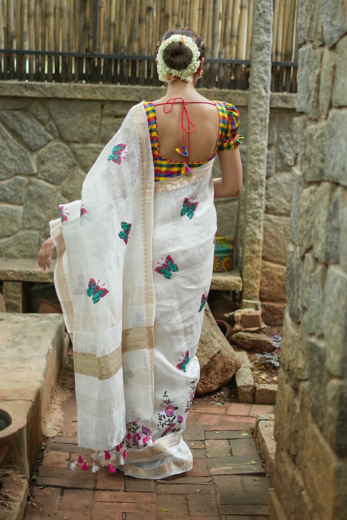 Blooms of Joy - Floral Embroidered Silk Linen Saree in Off White | Shobitam