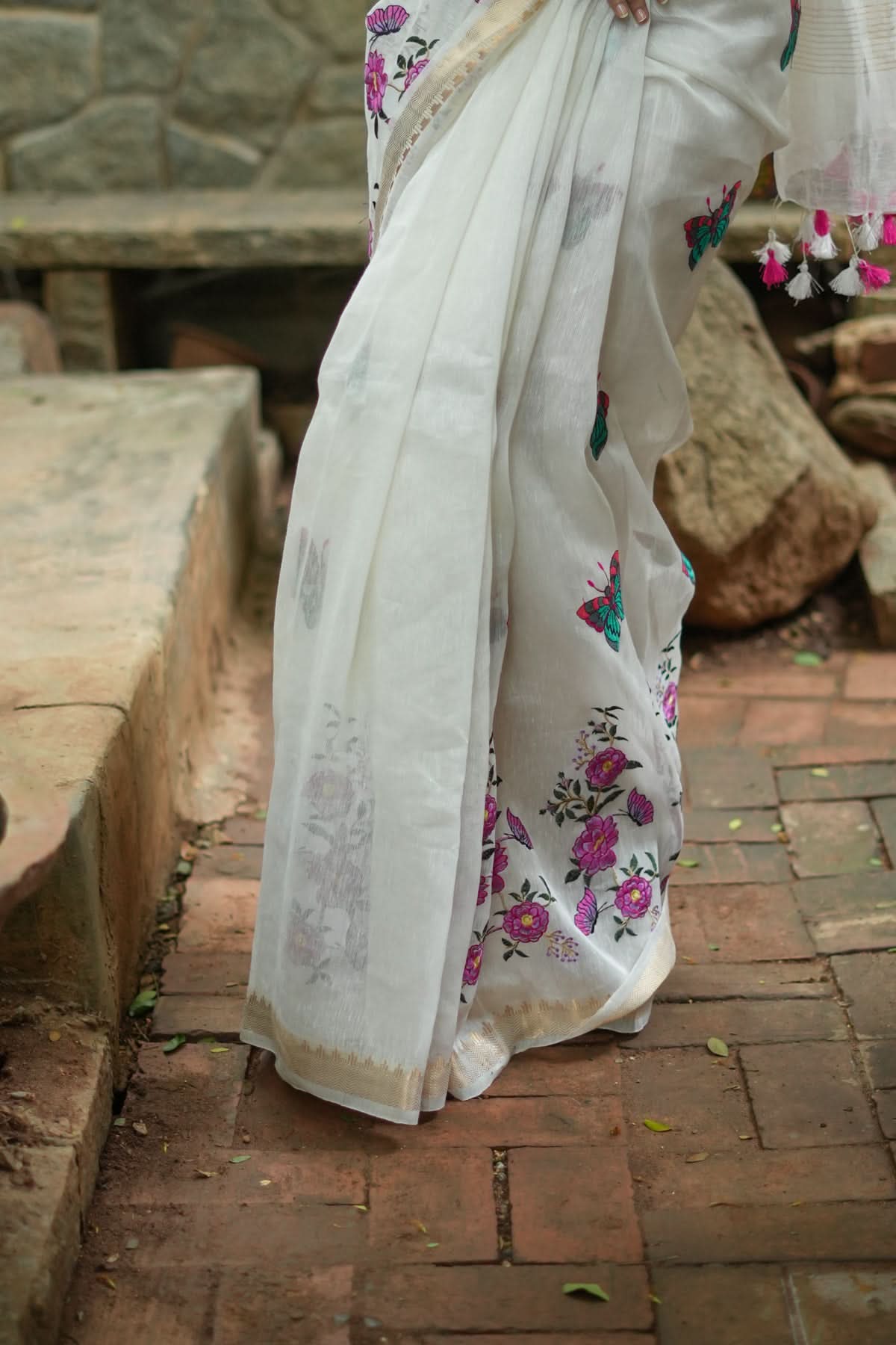 Blooms of Joy - Floral Embroidered Silk Linen Saree in Off White | Shobitam