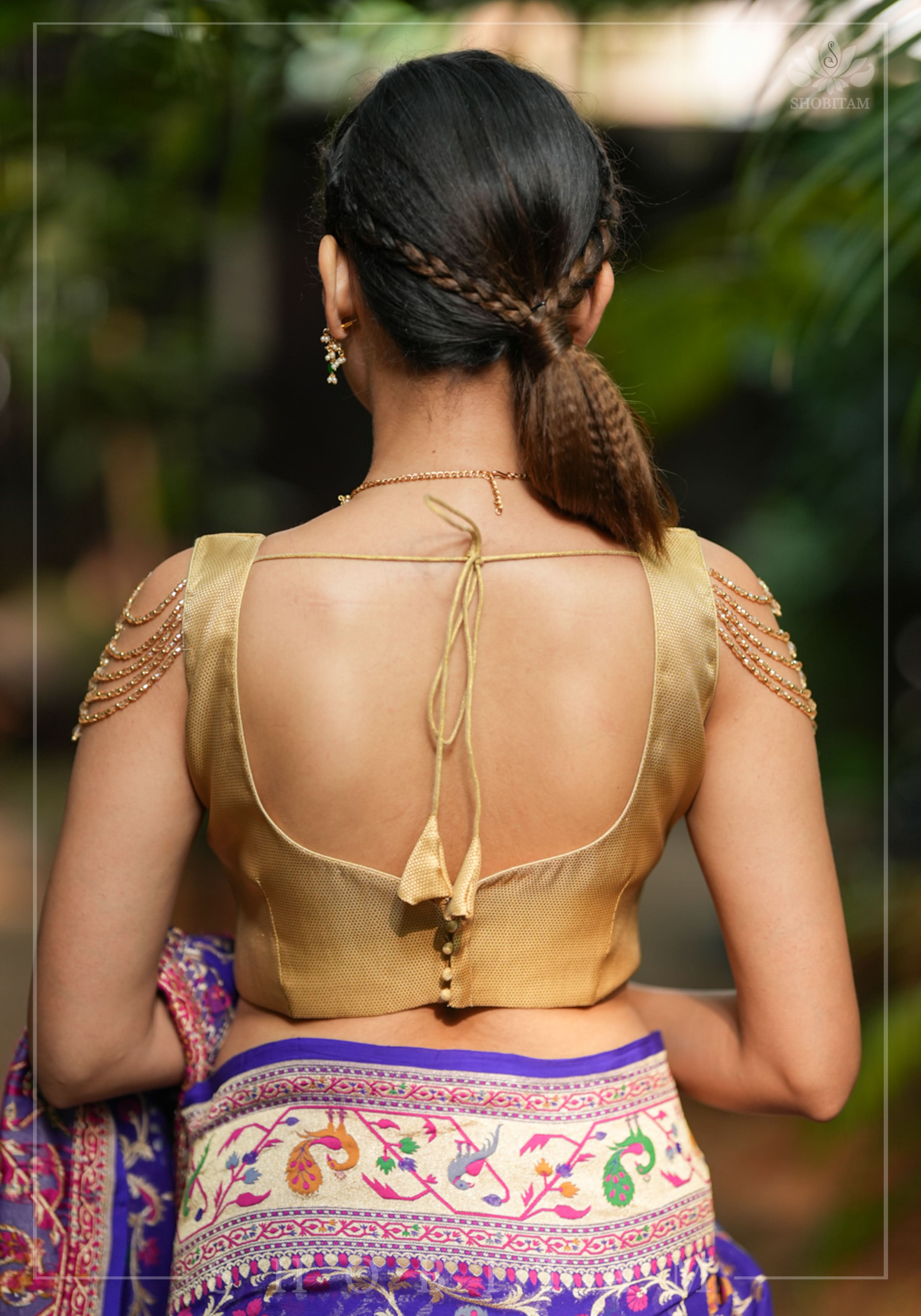 Golden Self Weave Geometric Design Blouse with Dangling multirow crystals over upper arm | Shobitam