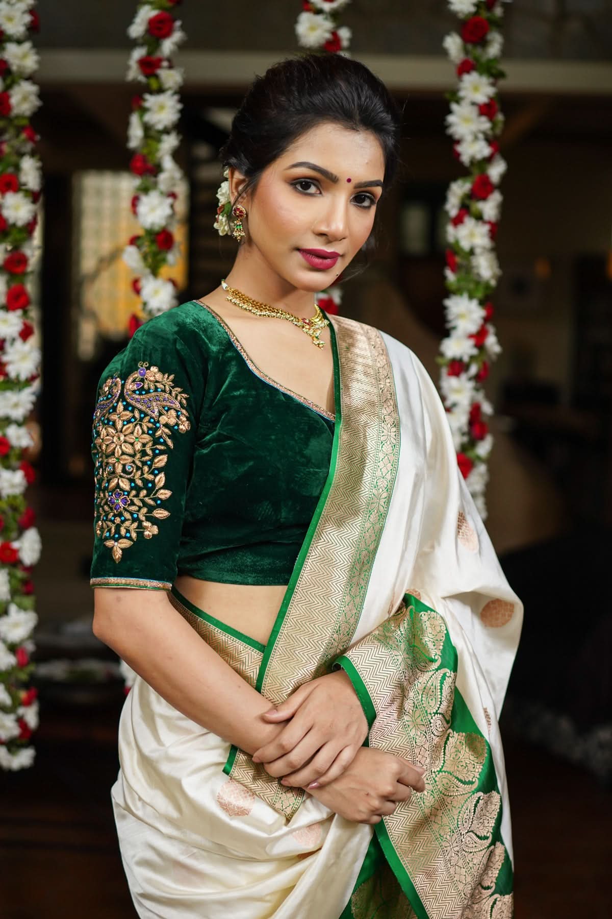 Green Velvet Blouse with Zardosi Work   Mix and Match Blouse for saree, Made to Order | Shobitam