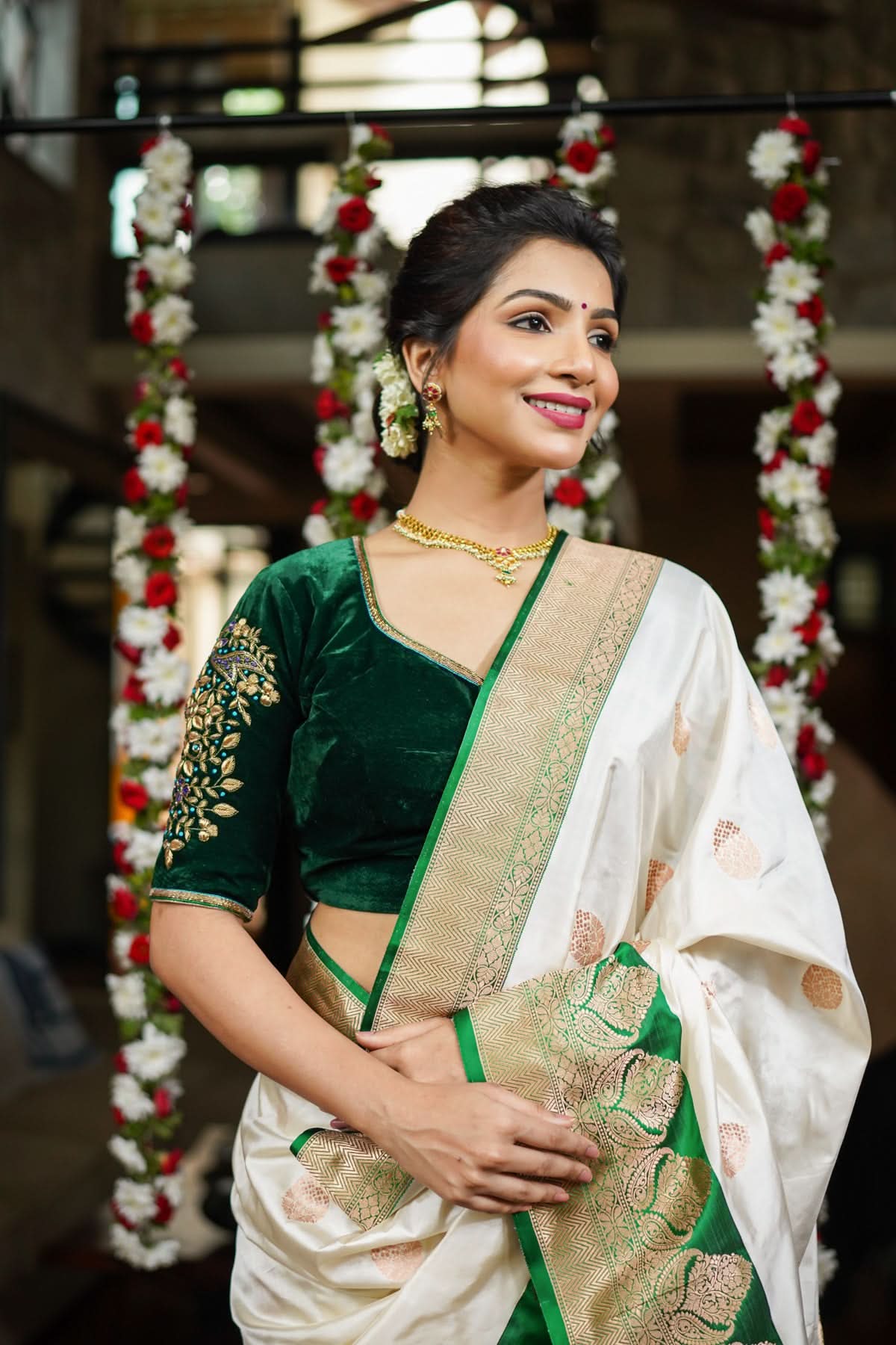 Green Velvet Blouse with Zardosi Work   Mix and Match Blouse for saree, Made to Order | Shobitam