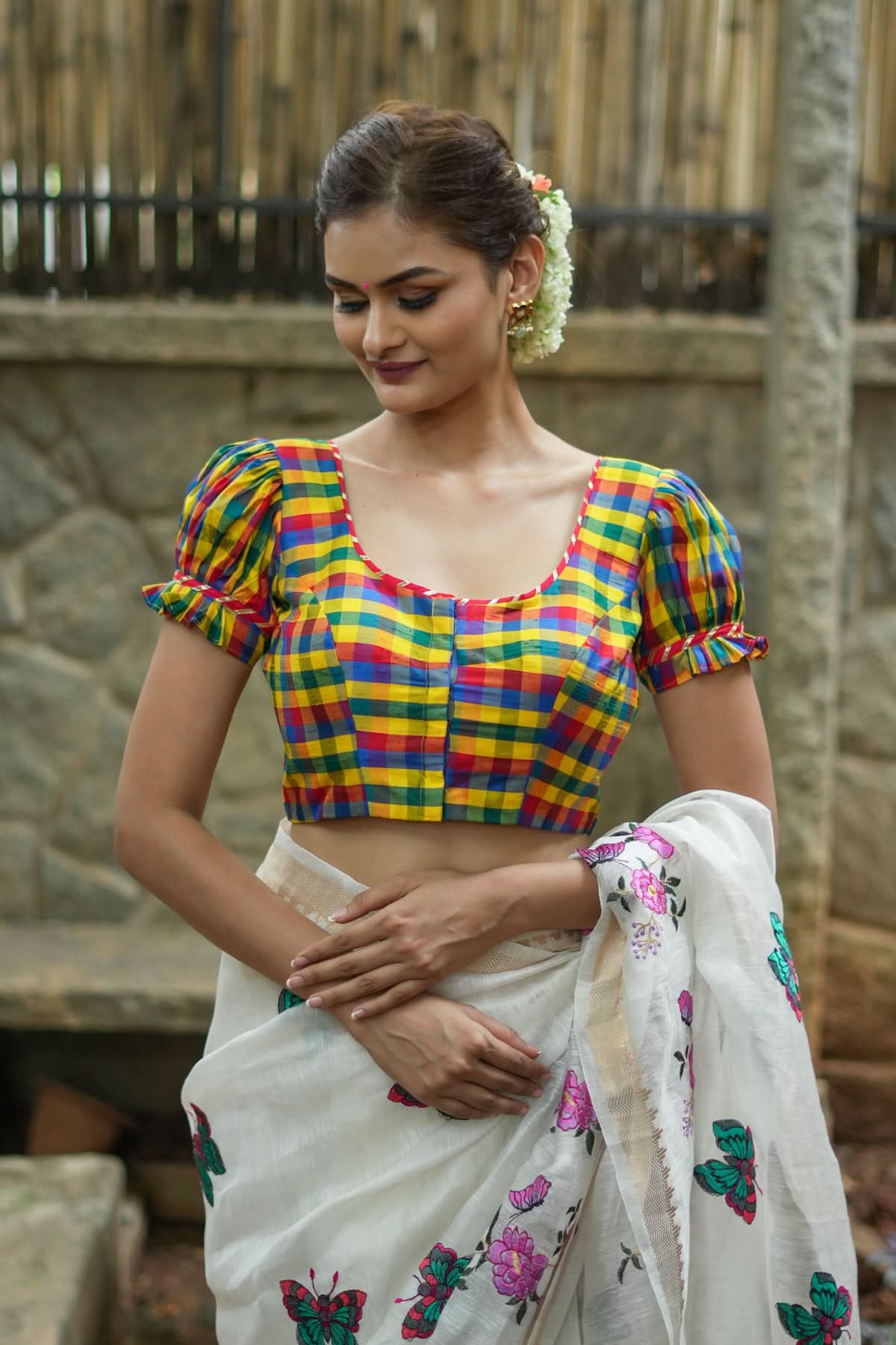Multicolor small checked pure rawsilk u neck blouse with puff sleeves | Shobitam